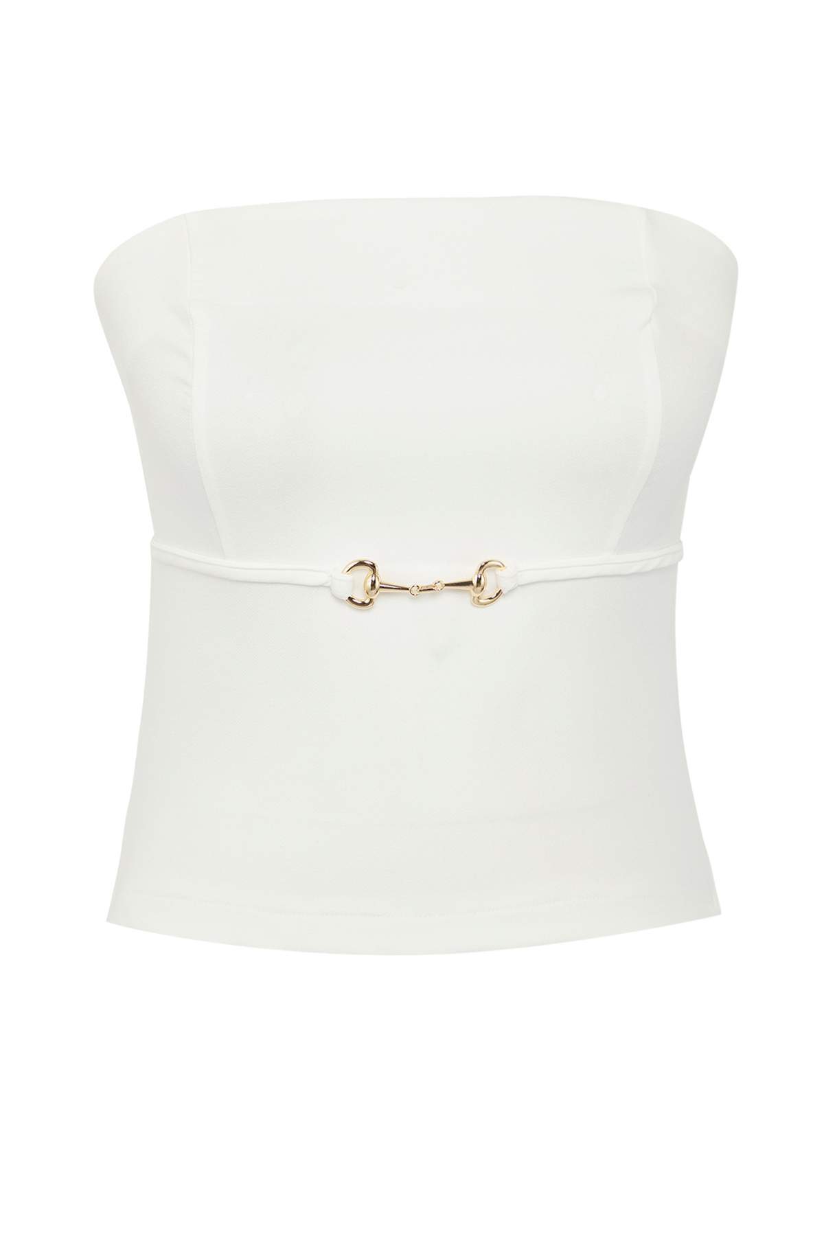 Trendyol Collection-White Strapless Fitted Slim Ornamental Belt Detail Woven Blouse Twoss25Bz00421 5