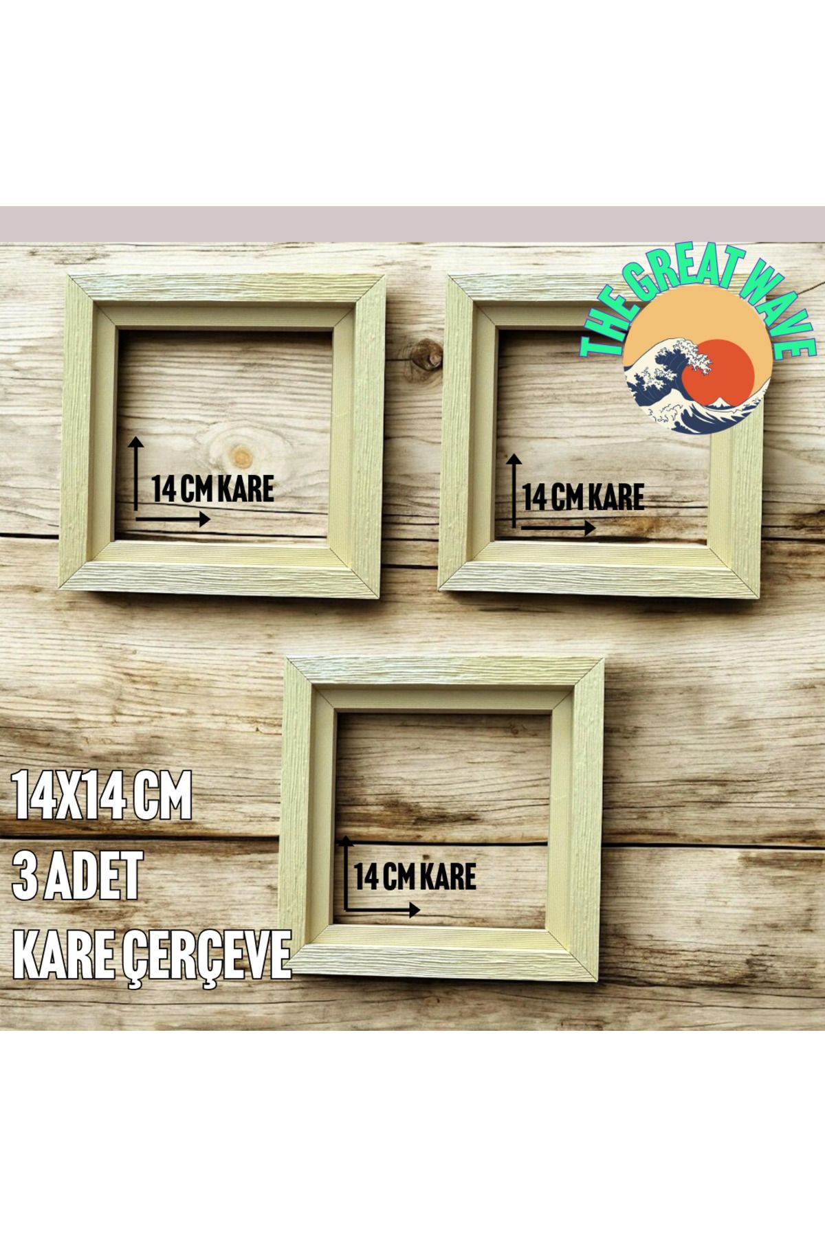 The Great Wave 3'lü Ağaç Desenli Plastik Kare Çerçeve Seti (14x14 cm - Ahşap Dokulu, görünümlü - Kahve,Krem,Siyah)
