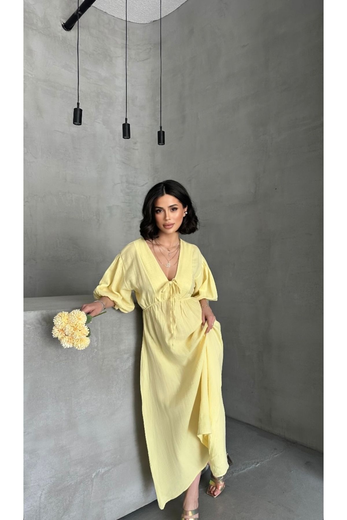 MODA Sarı elbise bol günlük şık elbise
