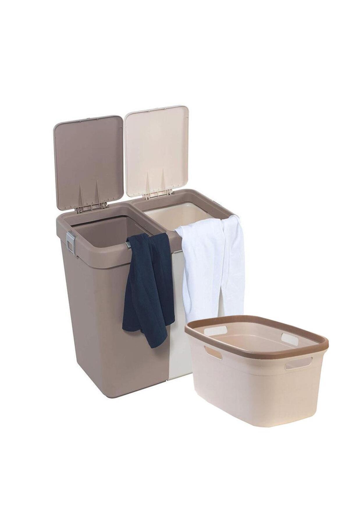 Geseus Motek 80 Litre Kirli Çamaşır Sepeti Çamaşır Selesi İkili Çeyiz Seti Kahve Krem