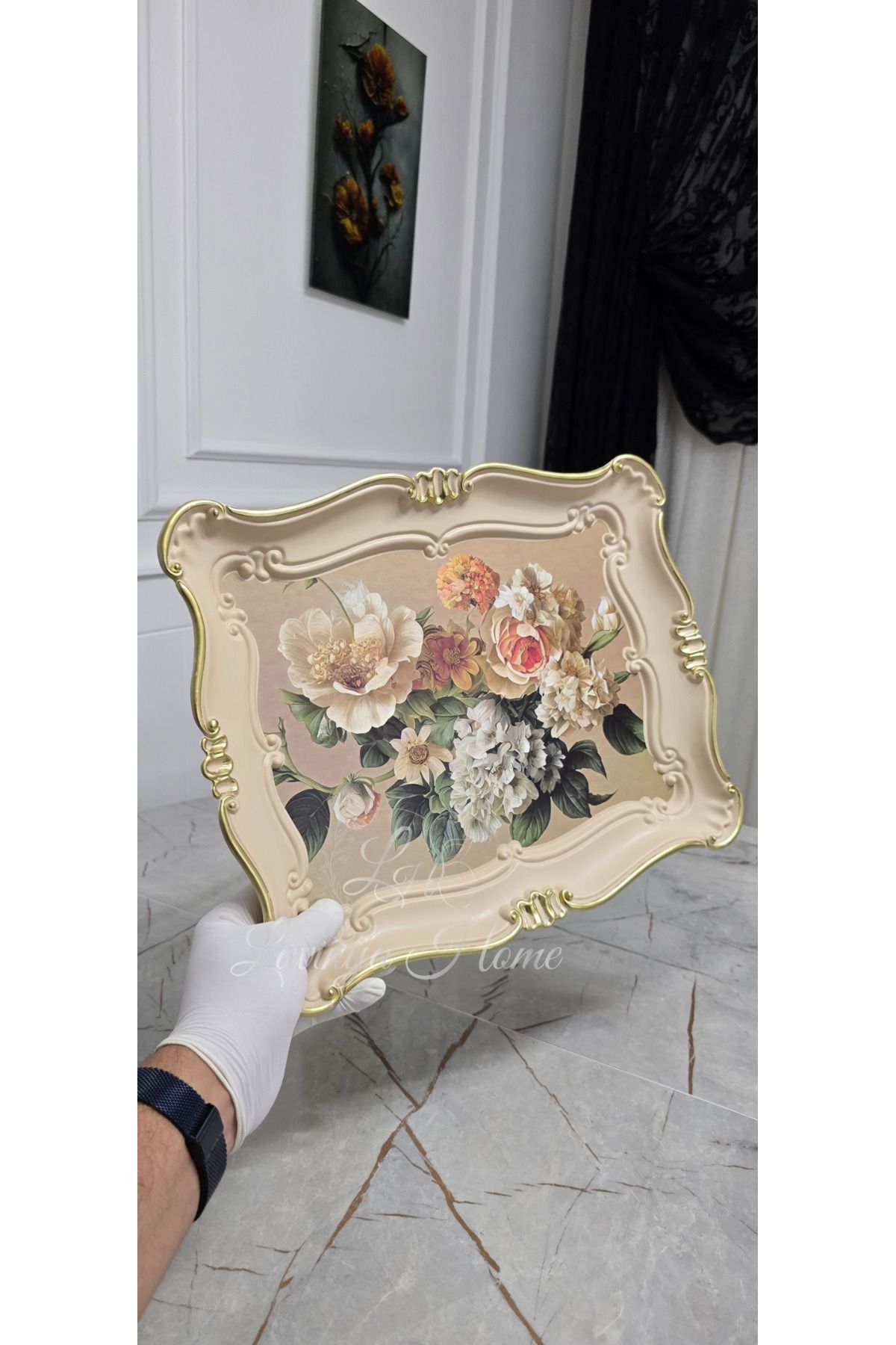 TEPSİCİM Sultan Tepsi krem | Gold Detaylı Çiçek Desenli Dekoratif Sert Plastik Tepsi 42x33 cm