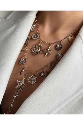 LEROSY CO. Astro Figürlü Güneş Ay Yıldız Temalı Altın Renk Çelik Kolye – Zari...