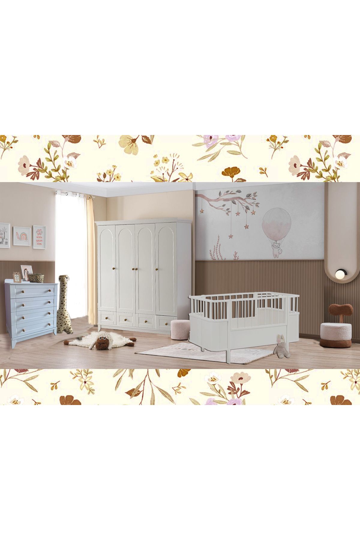 Koza Oslo %100 Mdf Mega Bebek & Çocuk Odası Takımı ( 4 Kapılı Dolap&şifonyer&80x130 Büyüyen Beşik )