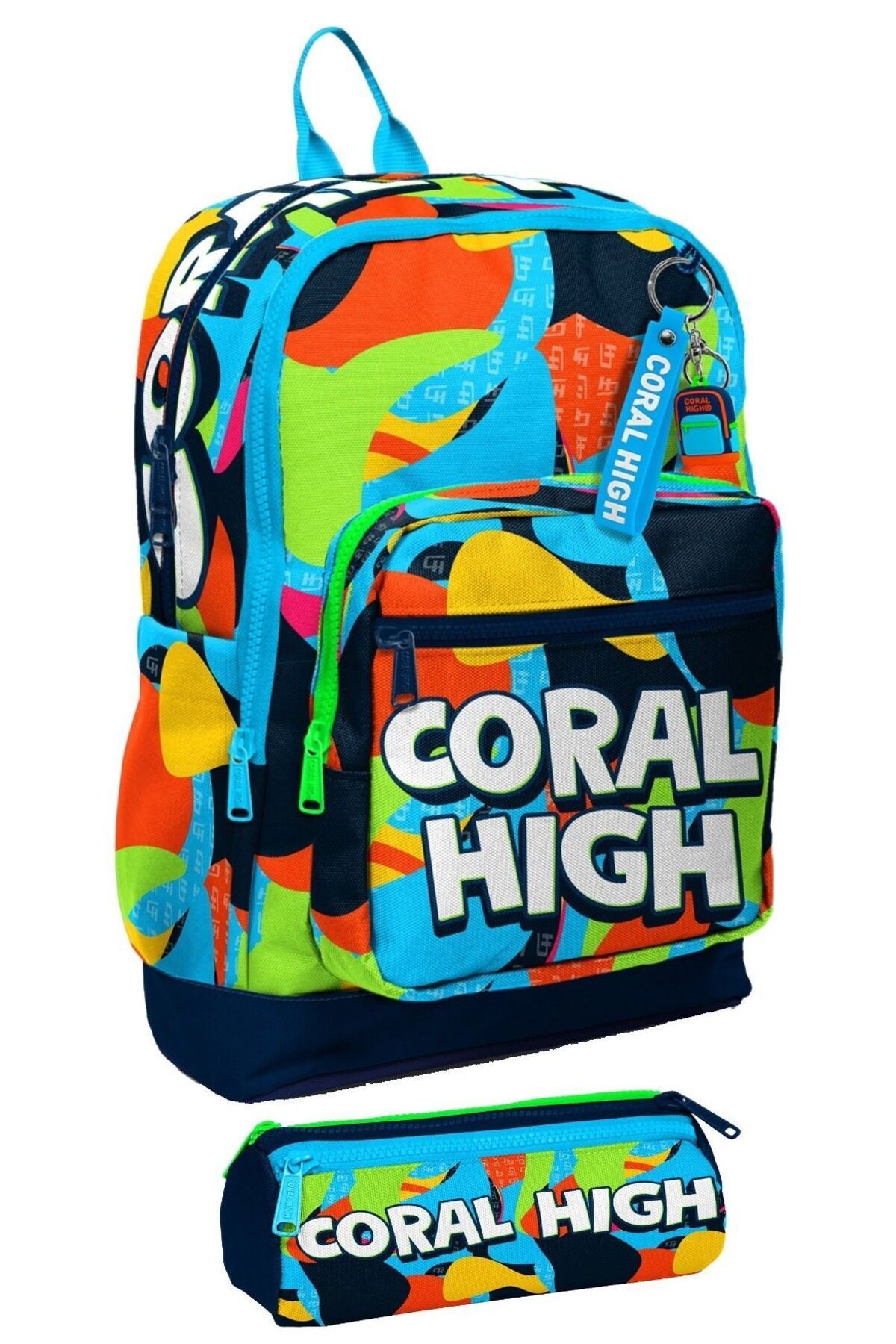 Coral High İlkokul Erkek Çocuk Dört Gözlü Sırt Çantası ve Kalemlik Seti- Lacivert Mavi Grafiti
