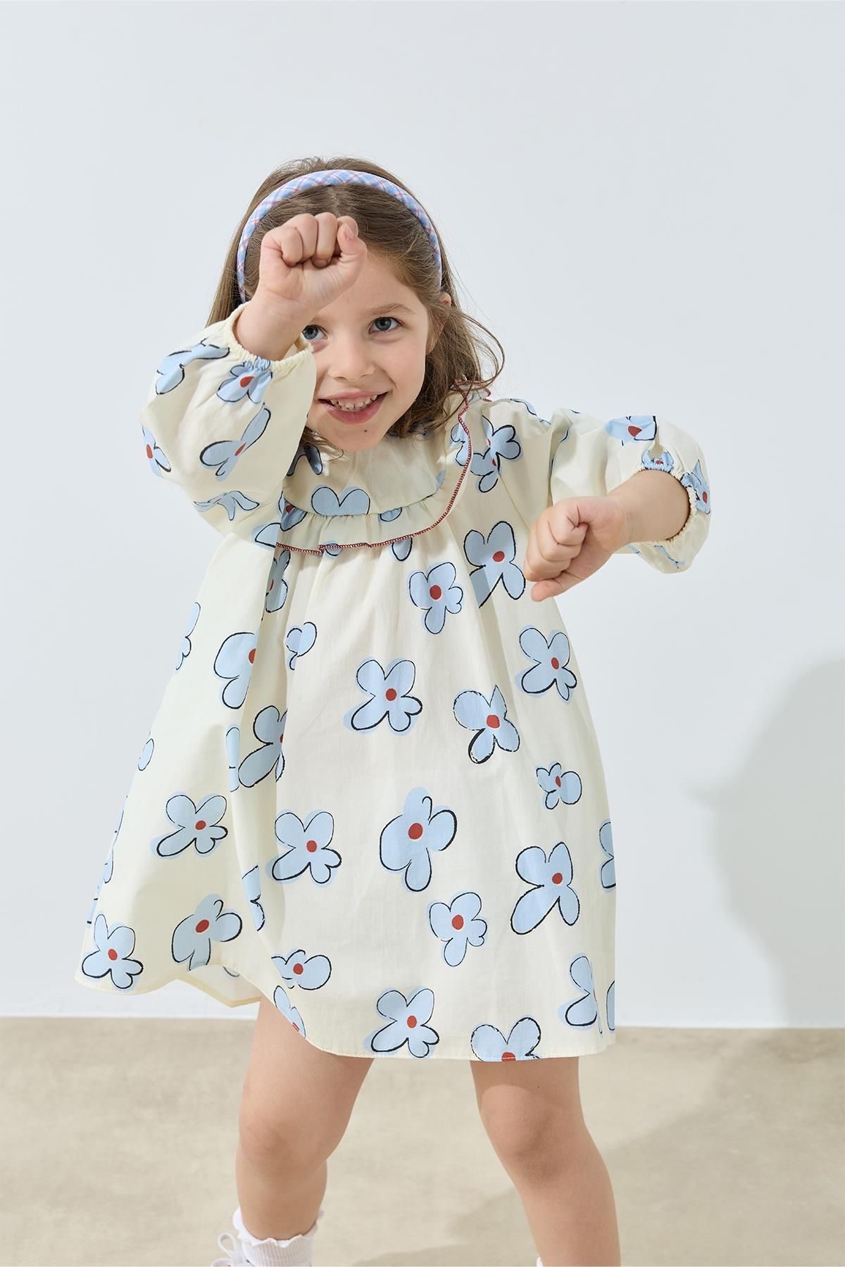 Tics-Ecru Ruffled Floral Patterned Dress 4