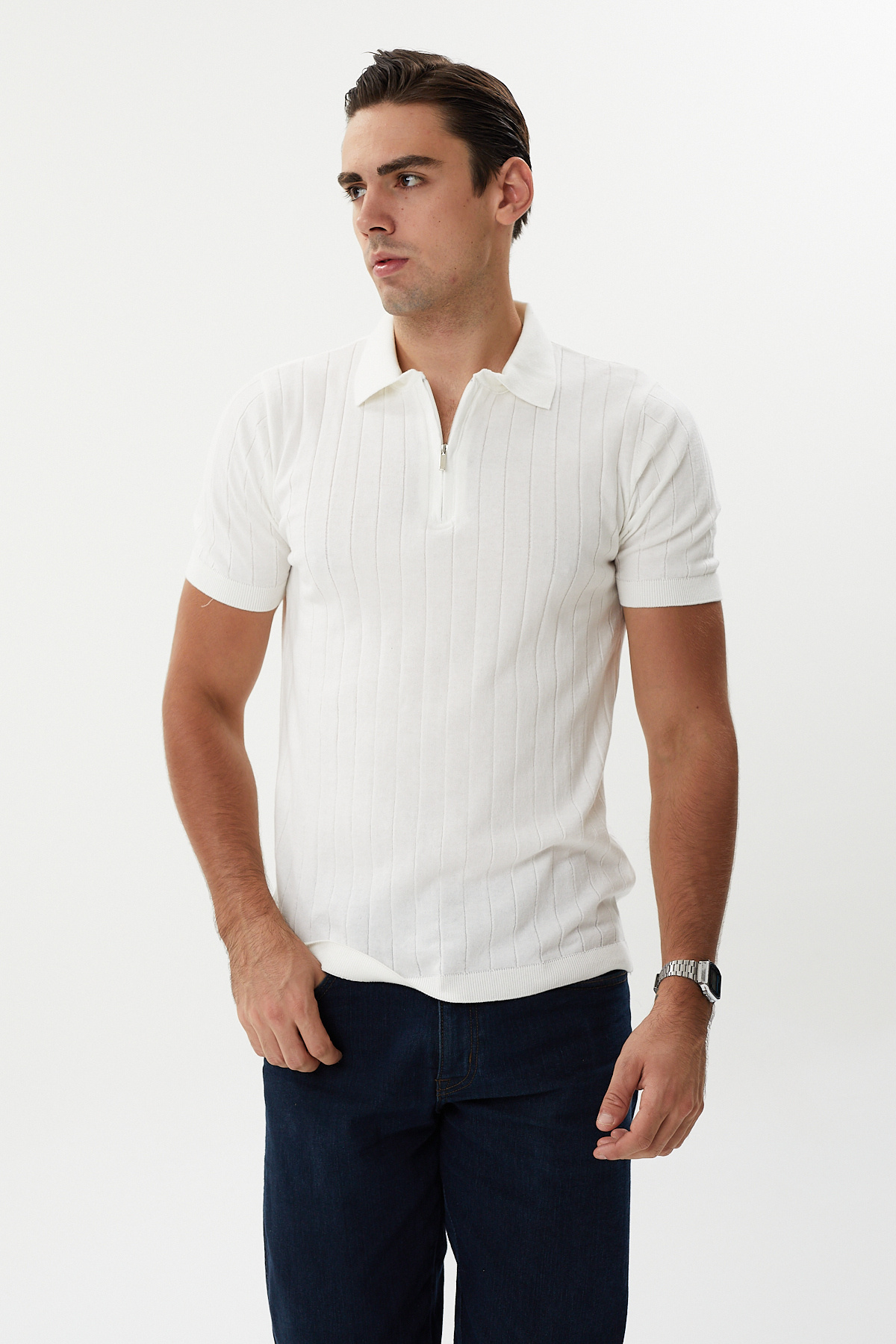 hateko-White 100% Cotton Half Zip Polo Neck Men's Knitwear T-Shirt 2