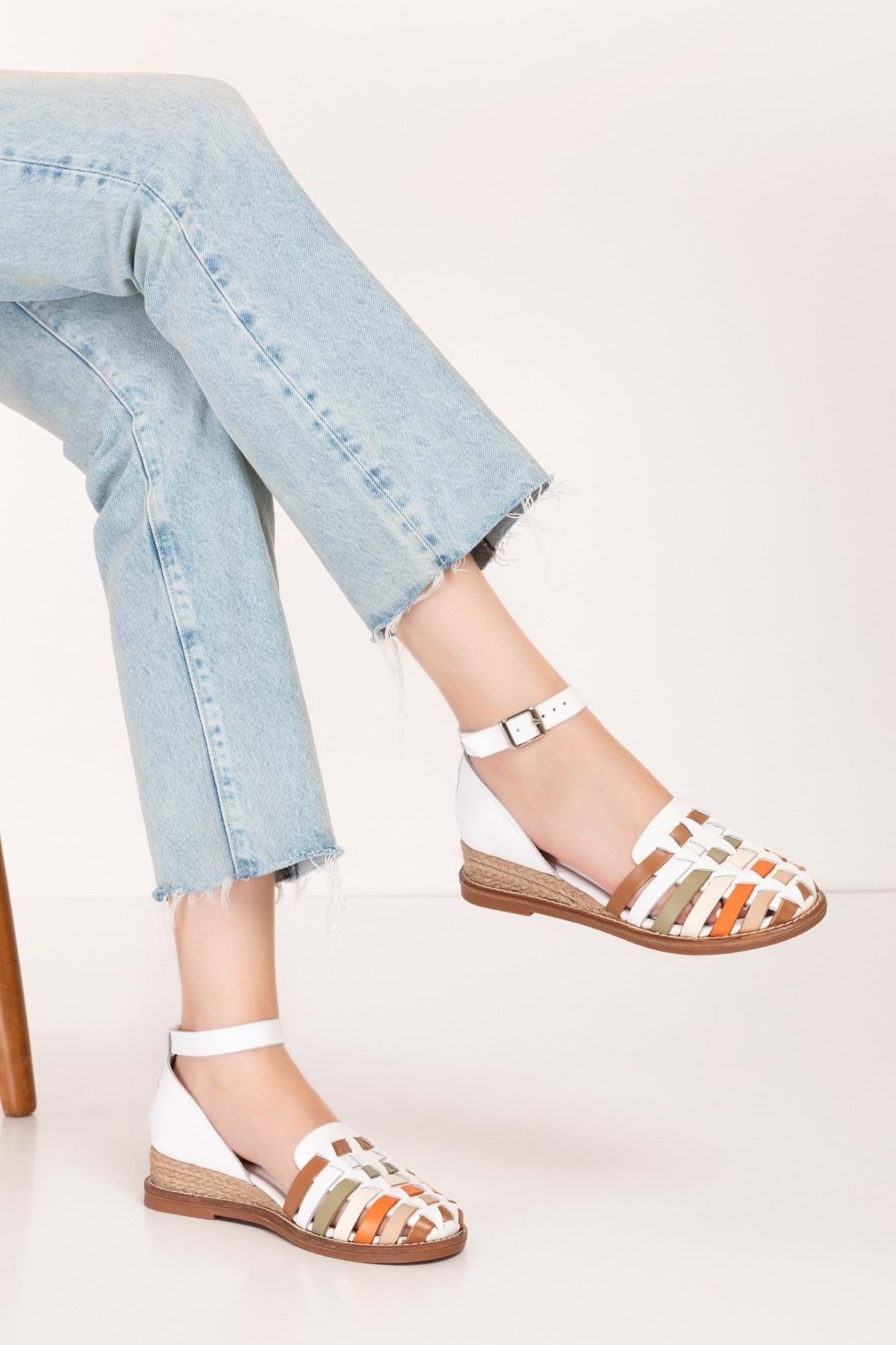 Gondol-Women's Genuine Leather Hand Knitted Special Straw Wrapped Sandals Ell.7249 White Combination 3