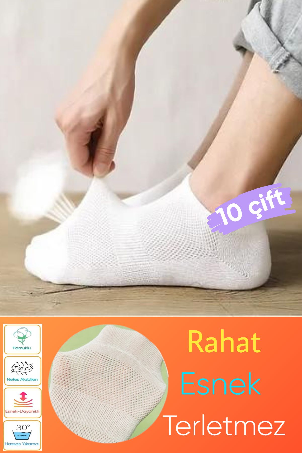 Esinti 10 Çift Pirinç Beyaz Bilek Boy Kadın Erkek Unisex Çorap Terletmeyen Yazlık İnce Patik Çorap