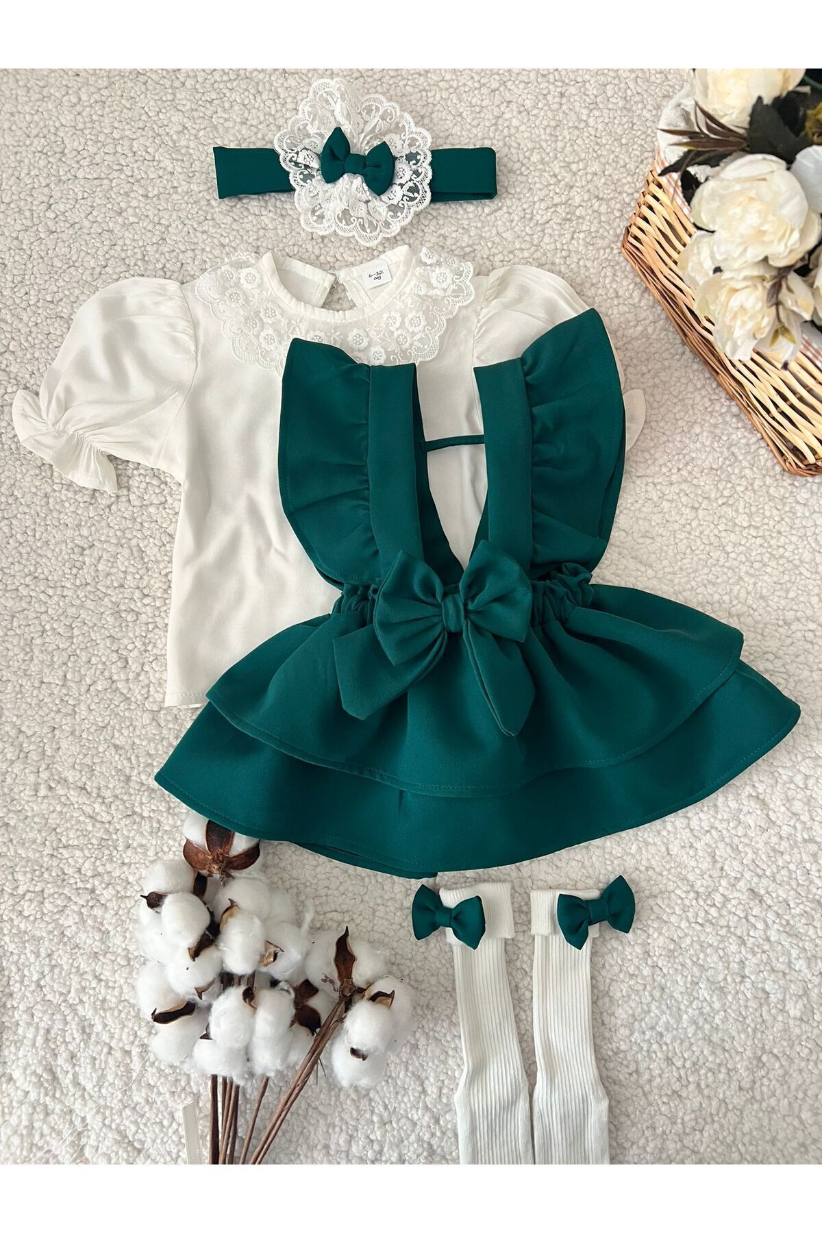 BİYA BABY Kısa Kollu Gömlekli Kız Çocuk Bebek Askılı Etek Salopet Bandana Çorap Takım Set fotoğrafı 3 (önizleme)