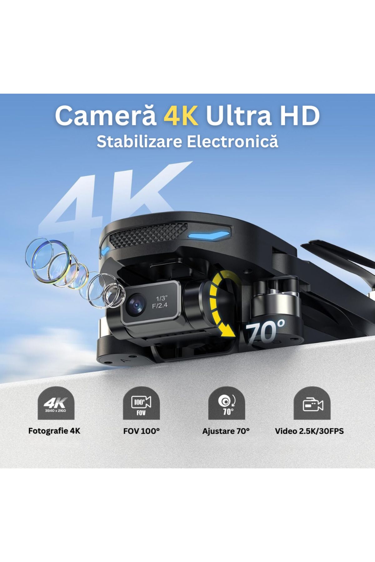 Velixo-Dronă D65, Cameră 4K, WiFi 5G, GPS, Revenire automată, Gimbal pe 2 axe, EIS, 26 min, Pliabilă, USB, Geantă, Aplicație 2