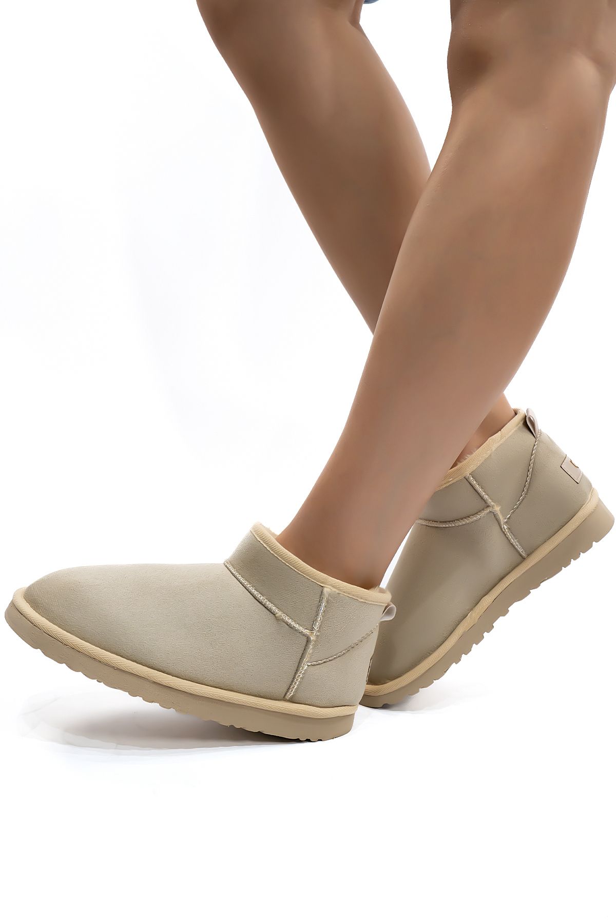 Cochines-Γυναικείες μπότες μπεζ σουέντ Ultra Mini Suede μπότες με γούνα στο εσωτερικό Χειμερινή σόλα Κοντό τακούνι 4