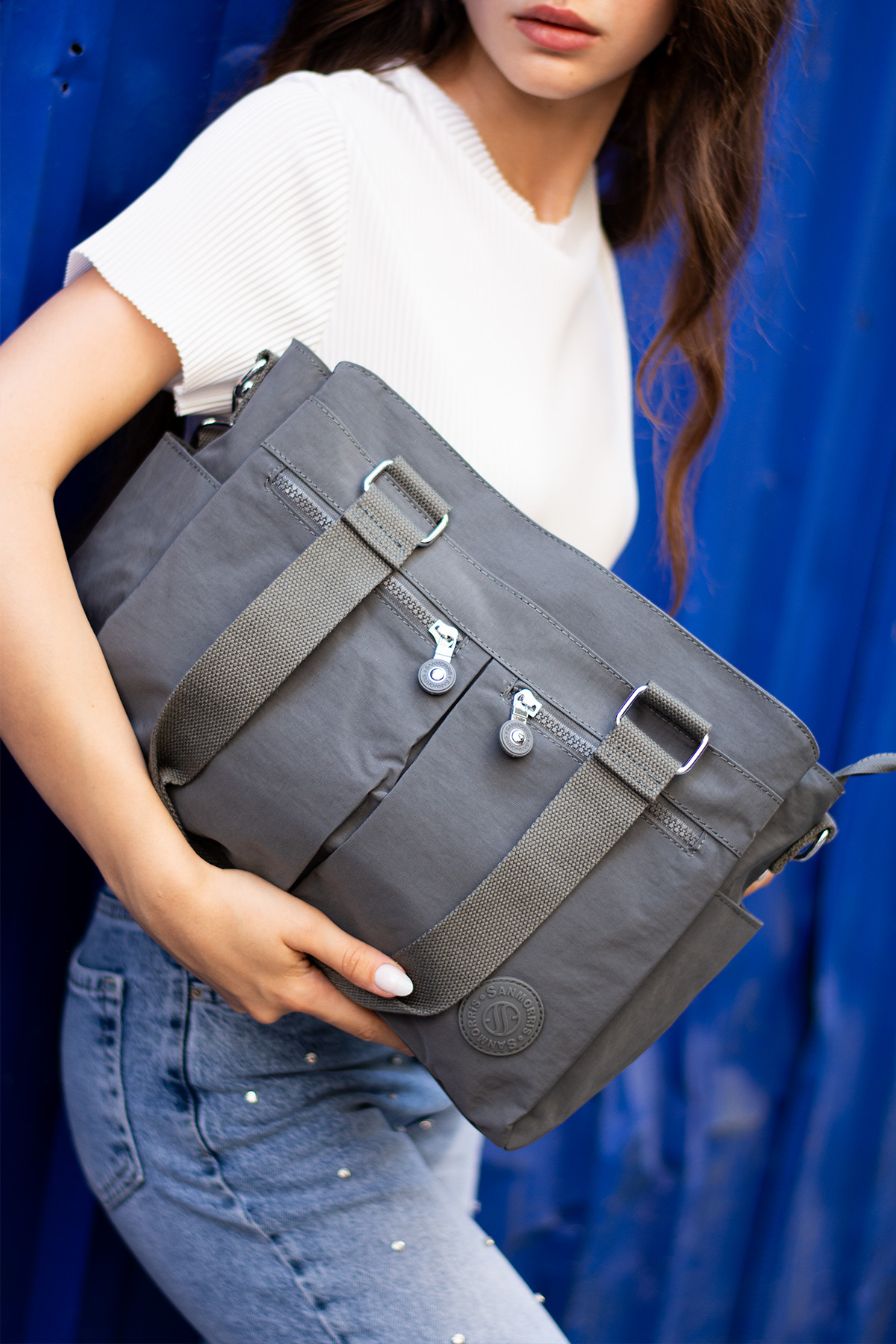 Sanmorris  Kadın Büyük Boy Bölmeli Suya Dayanıklı Krinkıl Kumaş Çapraz Ve Omuz Askılı Koyu Gri Renkli Çanta S-3 - Görsel 4