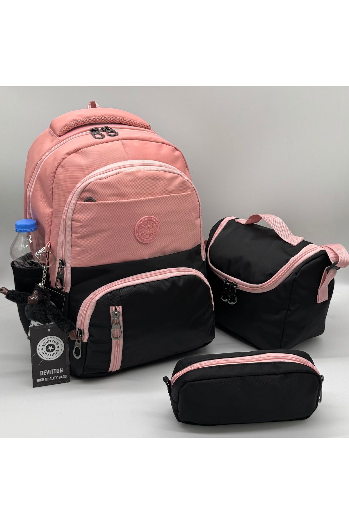 Bevitton ilk Okul Çantası 3'lü Seti Unisex Çocuk ilkokul Çantası Bvt-8010 Pudra-Siyah