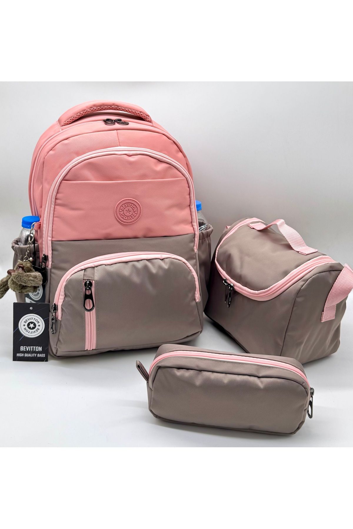 Bevitton ilk Okul Çantası 3'lü Seti Unisex Çocuk ilkokul Çantası Bvt-8010 Pudra-Vizon