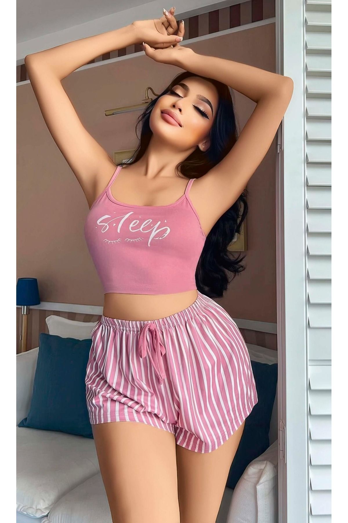 LUXERİA UNDERWEAR Kadın Pembe Askılı Yazılı Şortlu Pijama Takımı