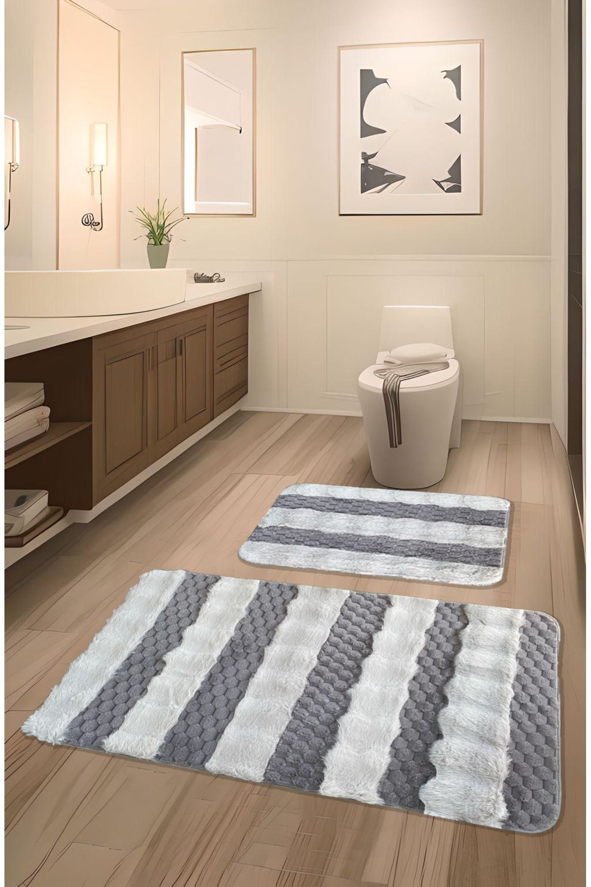 FeelHome Serante Tavşan Tüyü, Kaymaz Taban, Pofuduk, Yumuşacık, Yıkanabilir 2'li Banyo Paspası Gri Beyaz