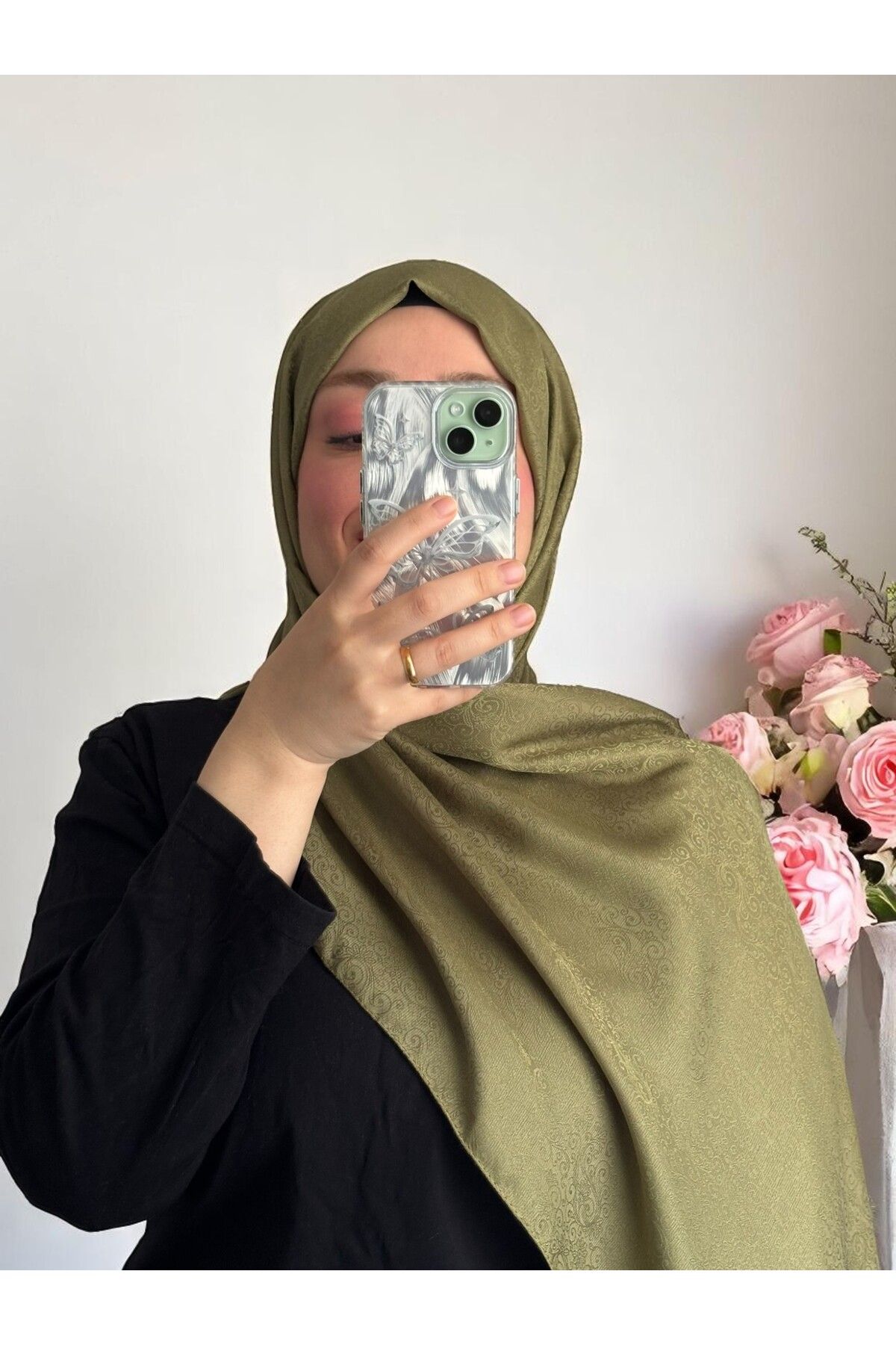 Lavena scarfs Papatya Serisi Çiçekli Desen Jakar Şal - Yeşil