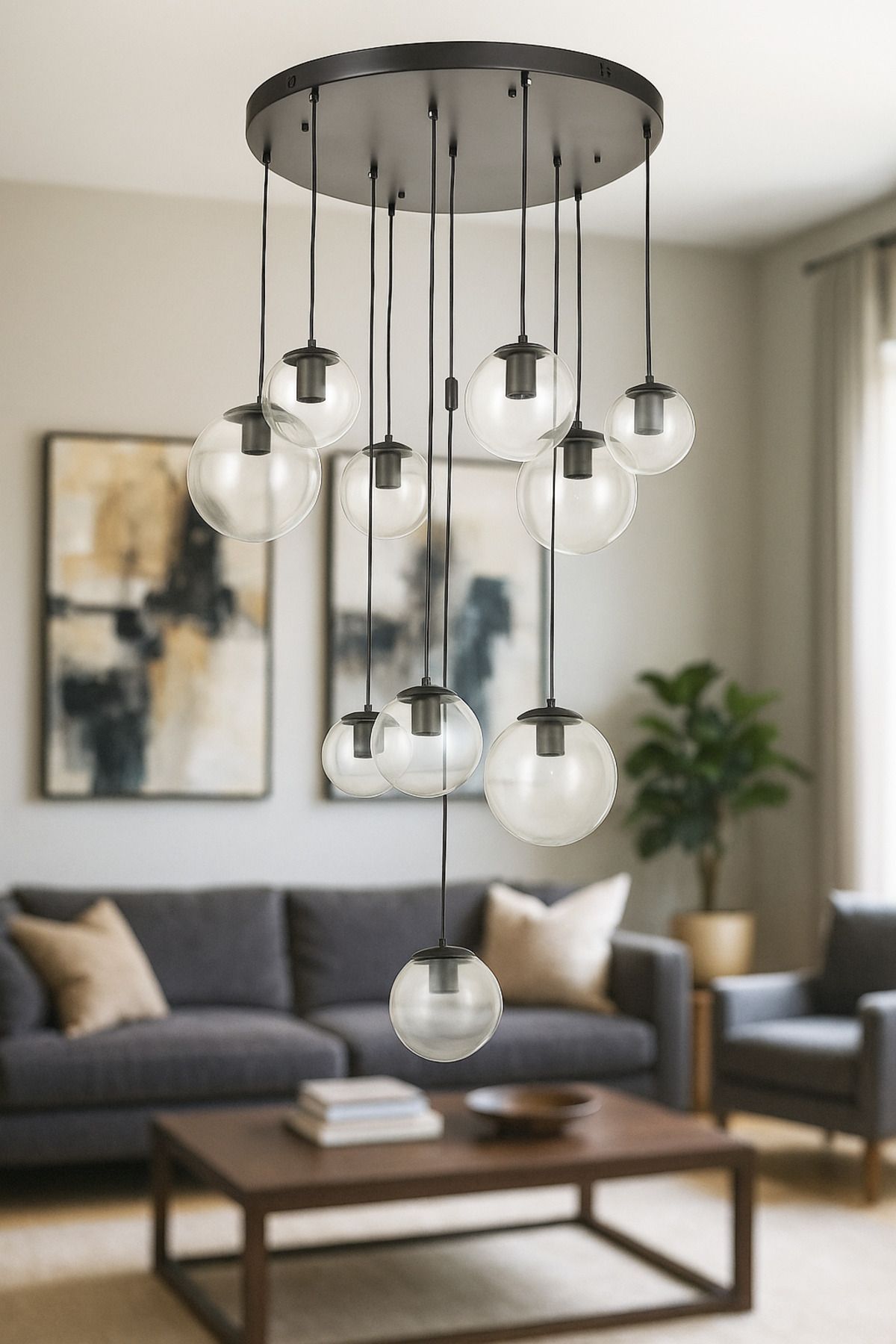 Avizemoda Pigaro 10 lu Şeffaf Camlı Salon Oturma Odası Modern Sarkıt Avize - (Siyah Kasa)