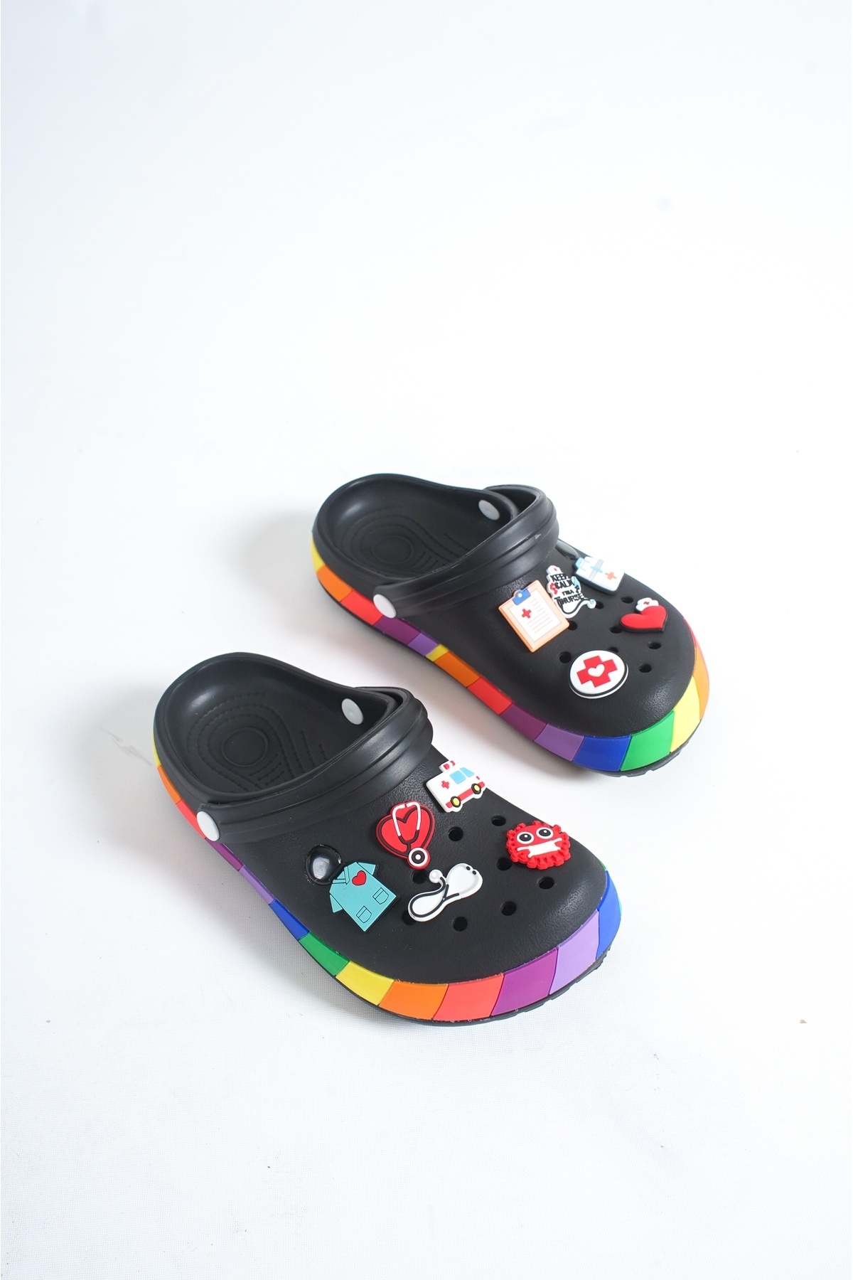 OZYO Samesa Siyah Aksesuarlı Gökkuşağı Clogs Sabo Doktor Hemşire Hastane Eva Yazlık Plaj - Günlük Terlik