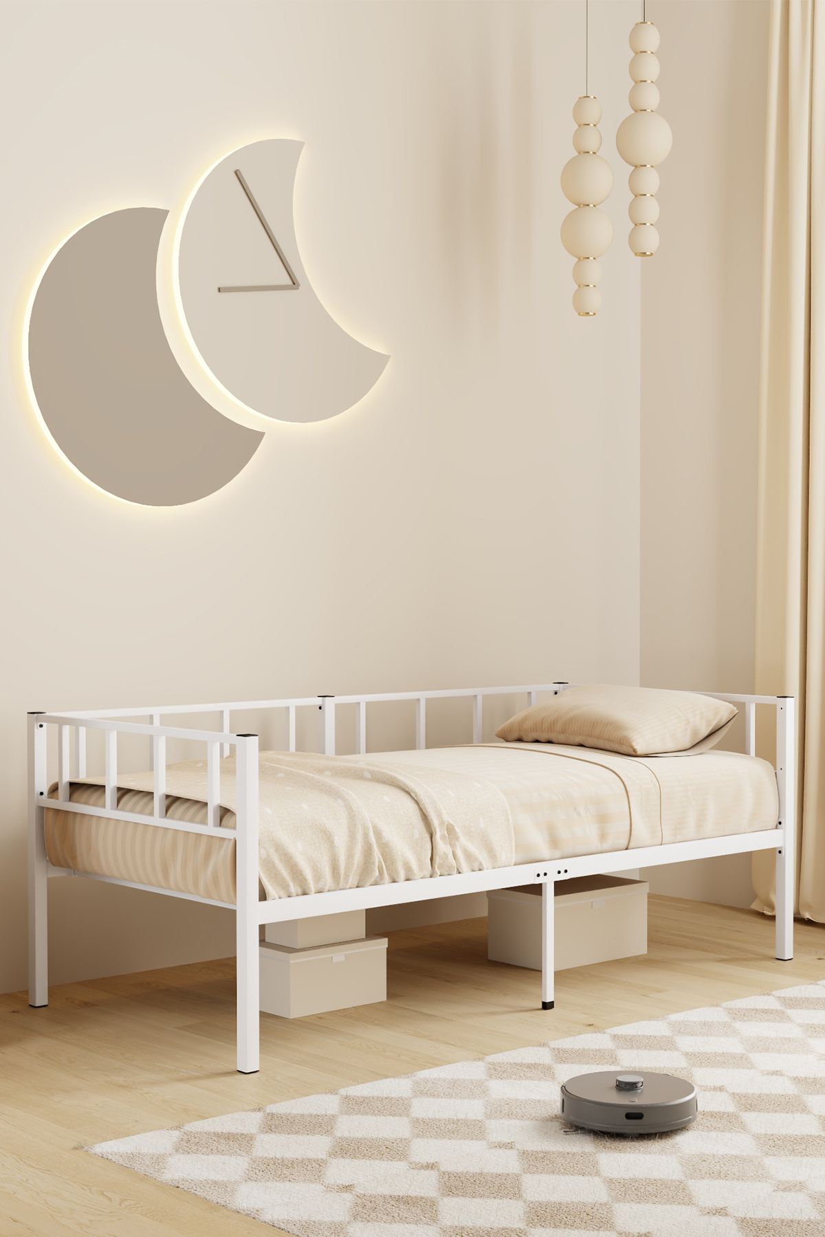 Mobpazar Zenit Metal Karyola Beyaz, Korkuluklu Karyola, Daybed, Ölçü Seçenekli