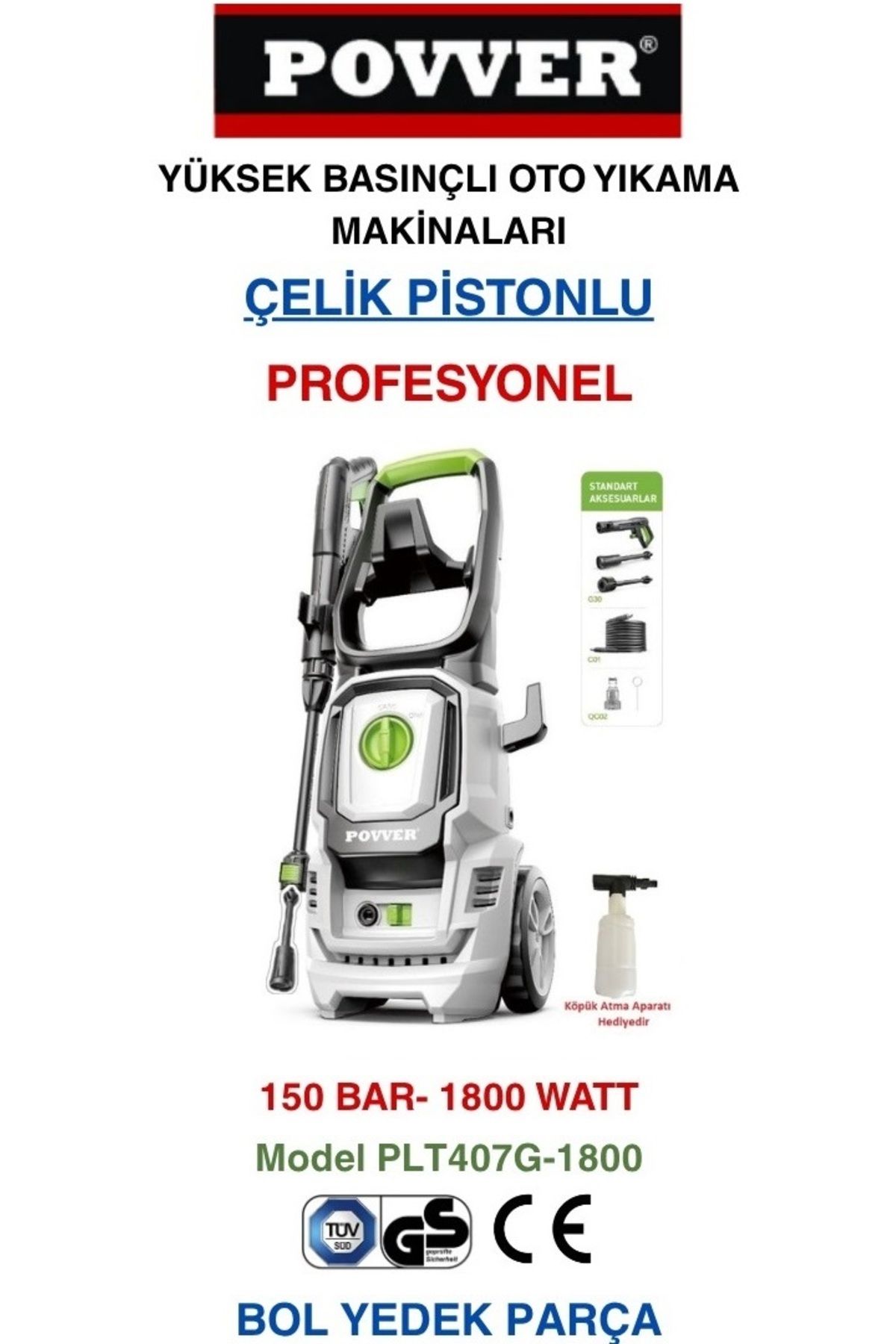 POWER Profesyonel İndüksiyon Motorlu Yüksek Basınçlı Yıkama Makinası (1800 W-150 BAR) Köpük Aparatı