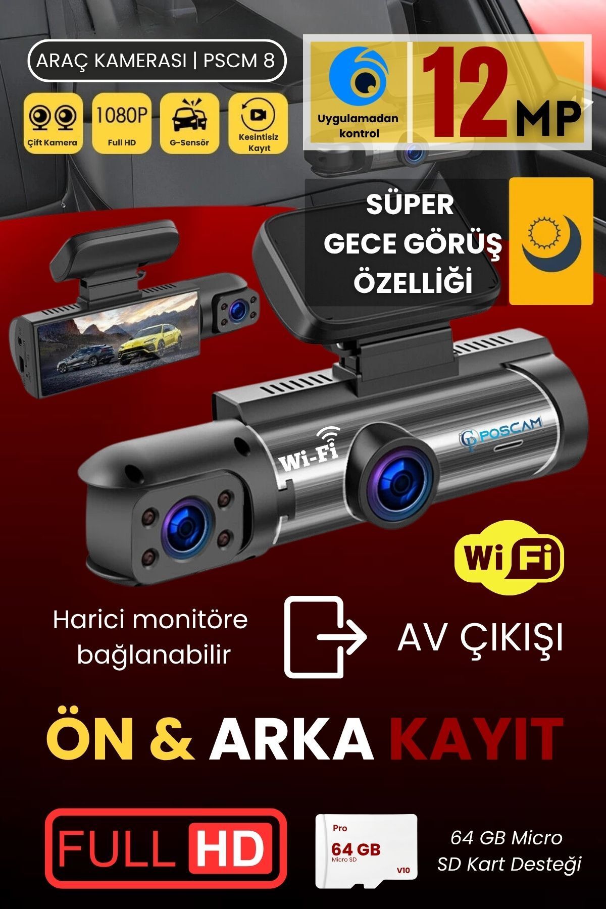 POSCAM Super Hd Wi̇fi̇ Gece Görüşlü Araç Kamerasi
