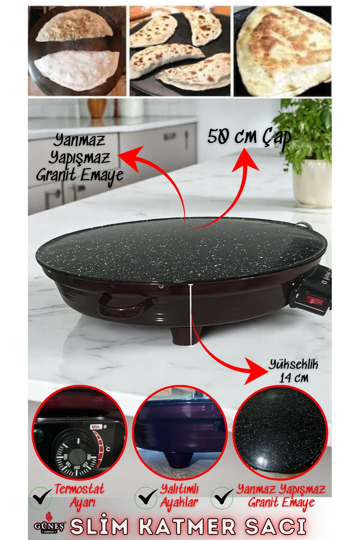Genel Markalar Orginal 2000w Elektrikli Lüks Termostatlı 50 Cm Ekmek,gözleme,börek Ve Katmer Sacı