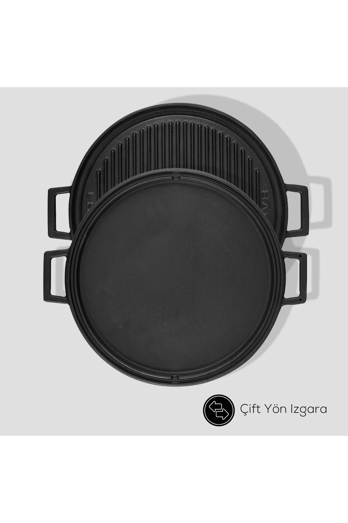 Lava-Casting Round Two-Way Grill Pan Cast Iron Solid Double Handled Diameter (Ø)34cm. 7
