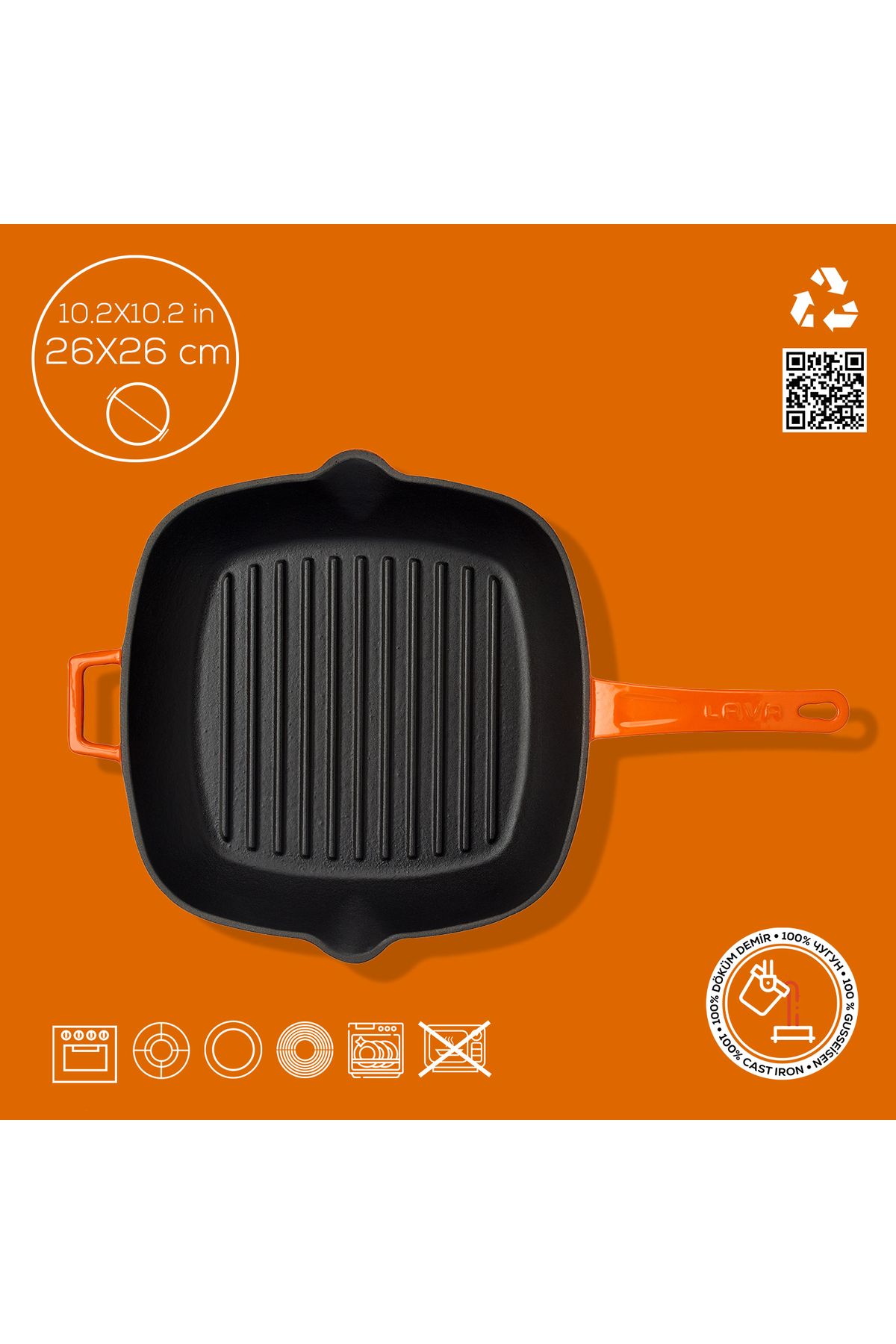 Lava-Cast Square Grill Pan Cast Iron Solid Handle Size 26x26cm 4