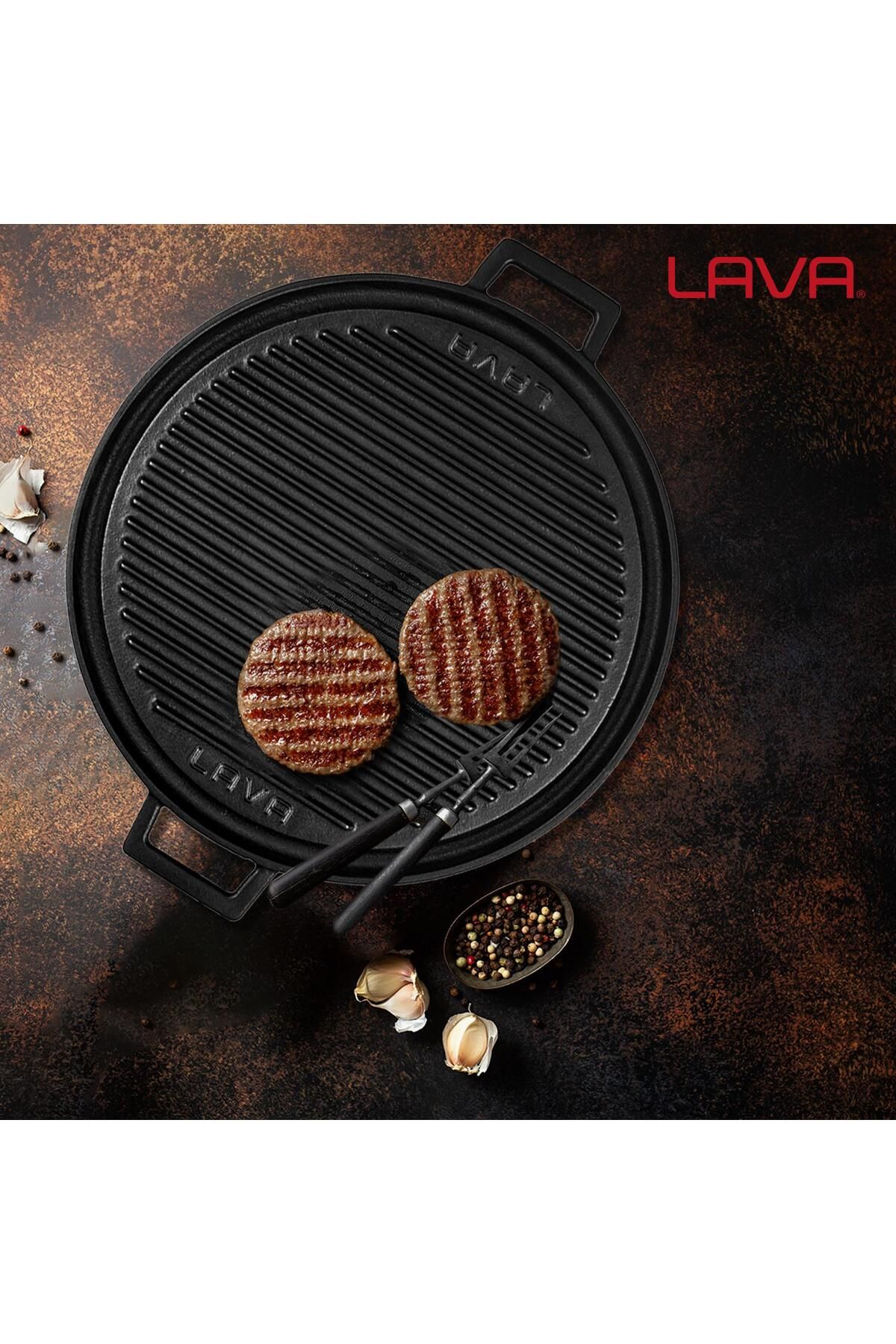 Lava-Casting Round Two-Way Grill Pan Cast Iron Solid Double Handled Diameter (Ø)34cm. 6