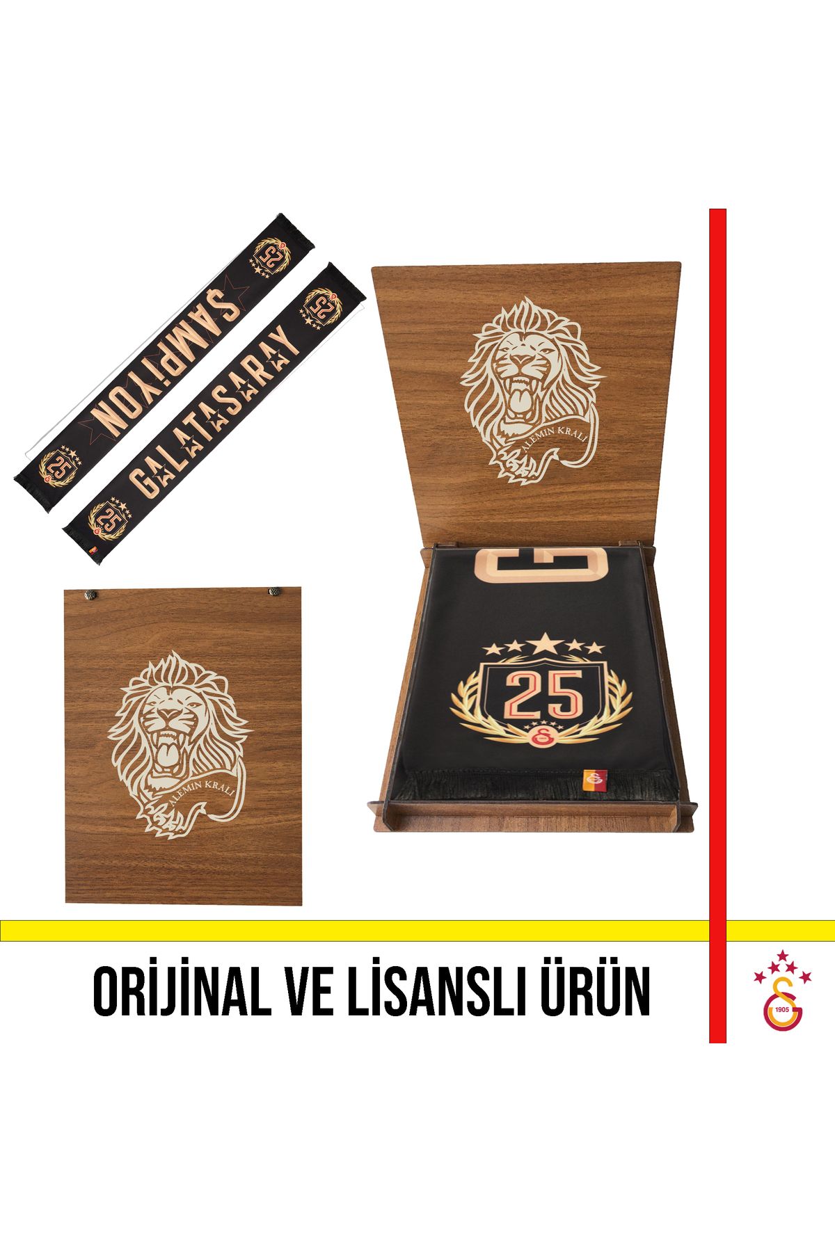 Galatasaray Lisanslı Özel 2025 Şampiyonluk Şal Atkı Hediye Aslan Ahşap Kutulu