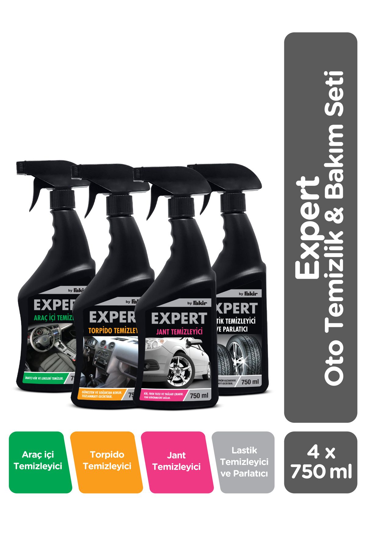 Expert by Fakir 4’lü Oto Temizlik ve Bakım Seti | Jant + Lastik + Araç İçi + Torpido Temizleyici (750 ml)