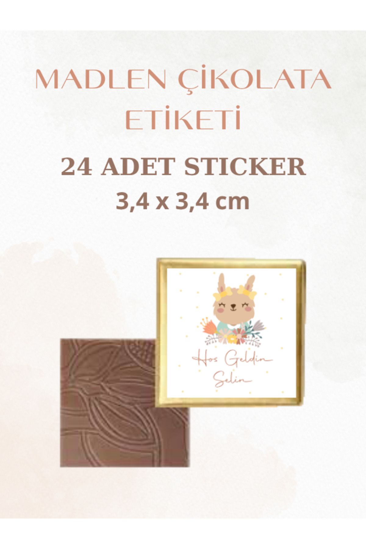 ST Design Kişiye Özel İsimli Kare 24 Adet Madlen Çikolata Etiketi, Kendinden Yapışkanlı 3,4x3,4cm Sticker