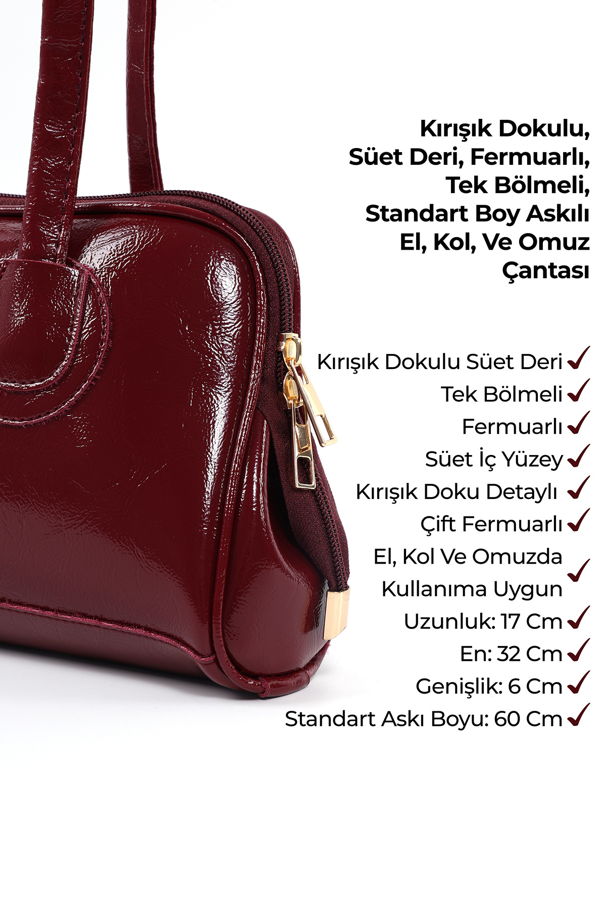 SHAKA Bordo Shk227 Kırışık Dokulu,Suni Deri, Fermuarlı ,Tek Bölmeli ,Askılı El, Kol Ve Omuz Çantası görsel 7