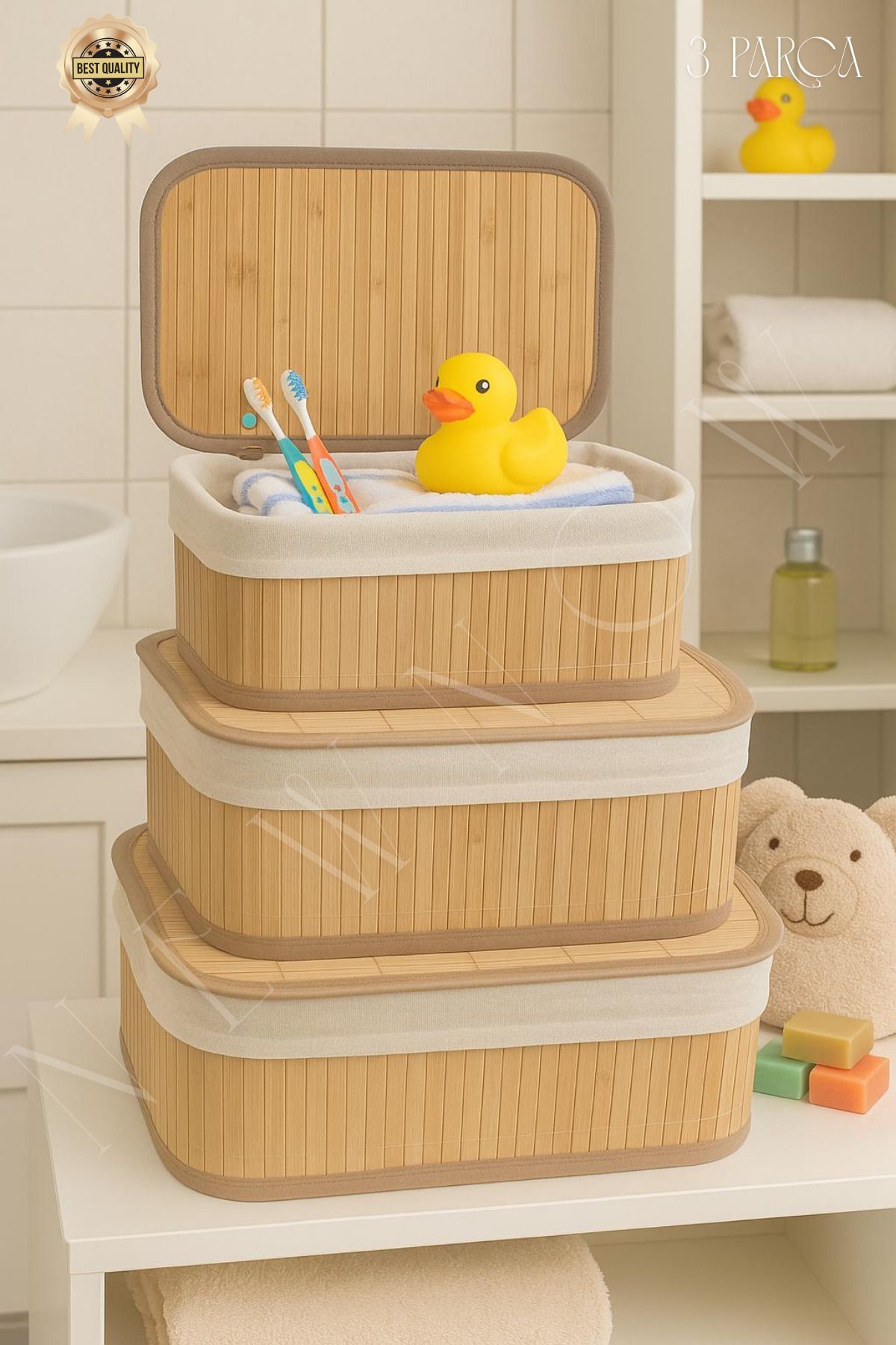 NEWNOW SoftLines Bambu Kapaklı Banyo ve Ev İçi Düzenleyici Kutular 3 lü Set