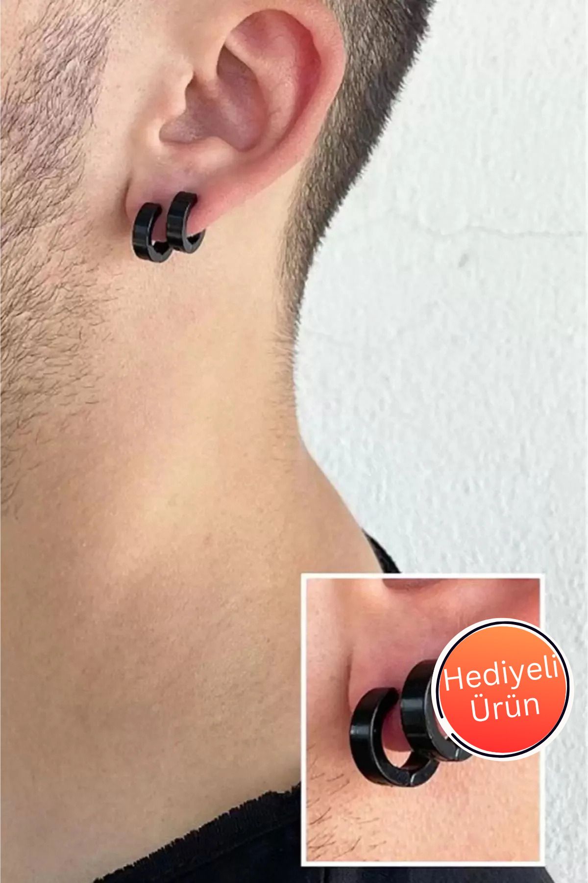 TAYEM Halka Çelik Küpe, Deliksiz Kulaklar İçin Sıkıştırmalı Küpe, Siyah Renk Unisex (Çift)