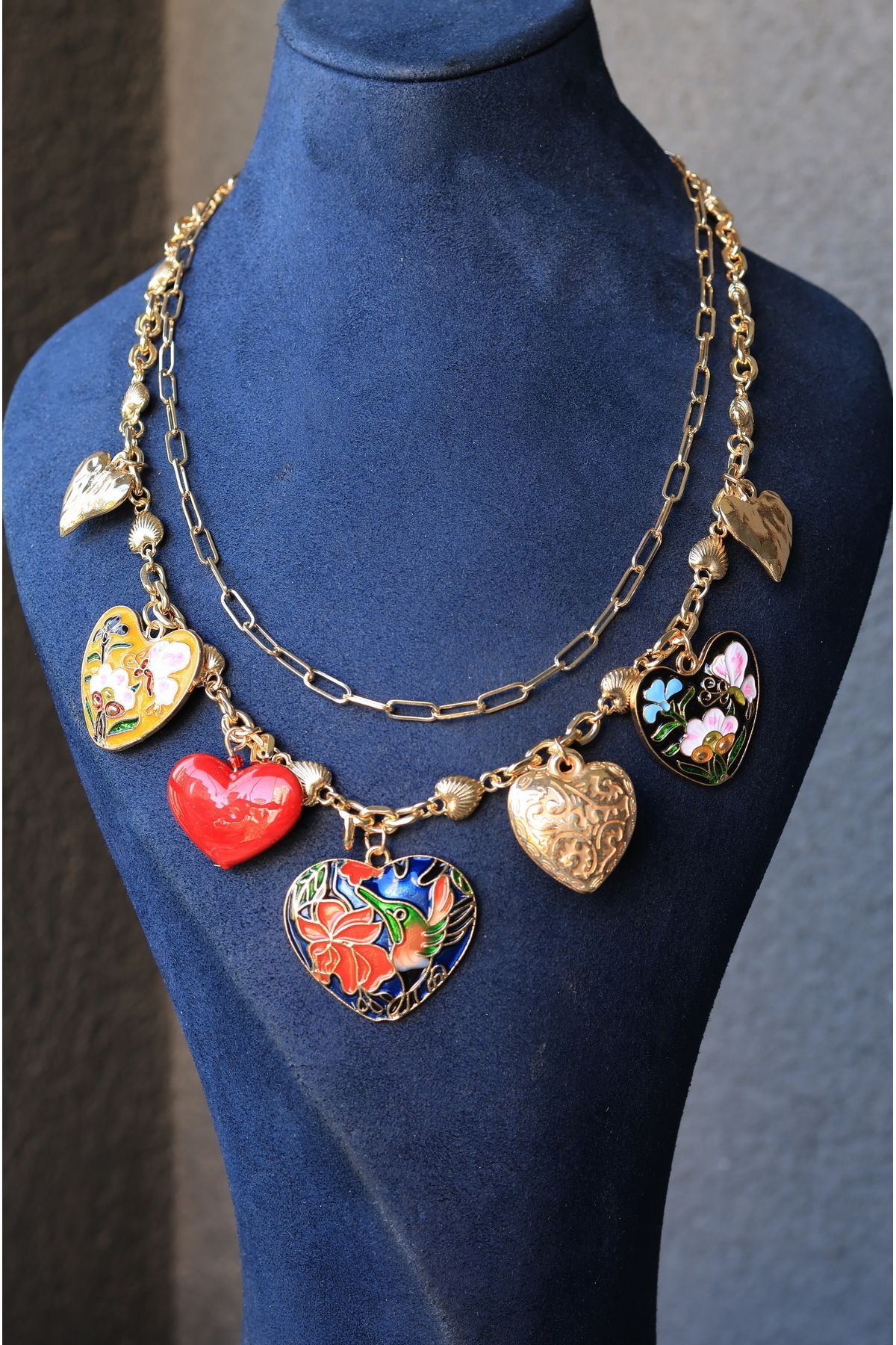 FİRST JEWELRY Renkli Kalp Charmlı 2'li Gold Kolye