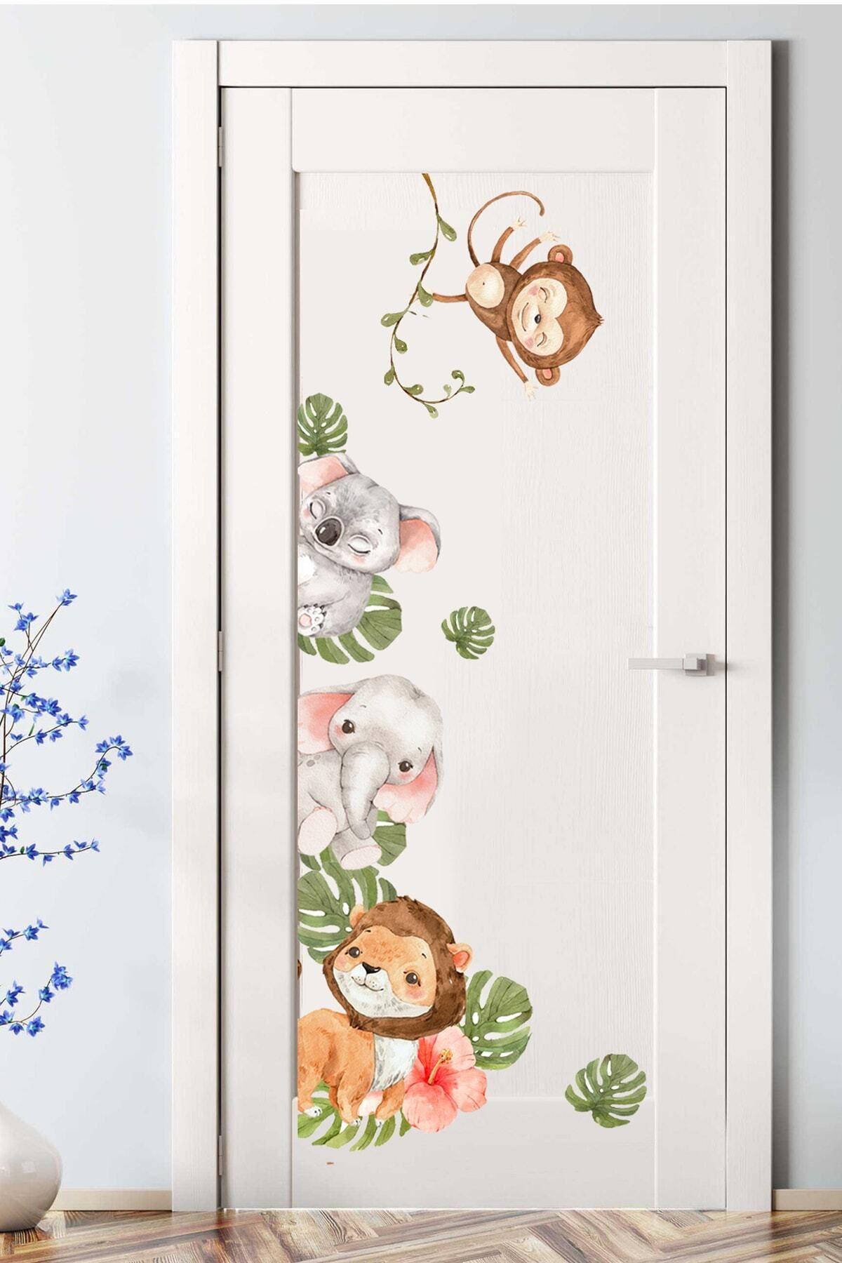 Kt Grup - Kapı Sticker - Suluboya Tropikal Safari Hayvanlar Çocuk Odası Kapı Sticker Seti