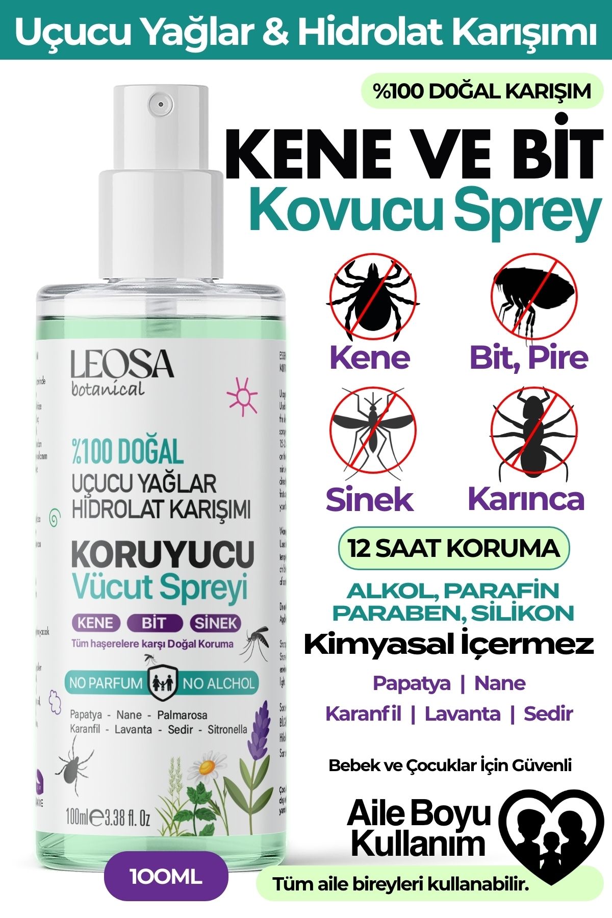 LEOSE BOTANICAL Kene Bit Sinek Ve Mikrop Kovucu Sprey 100ml Doğal Uçucu Yağlar Ve Hidrolatlar Karışımı