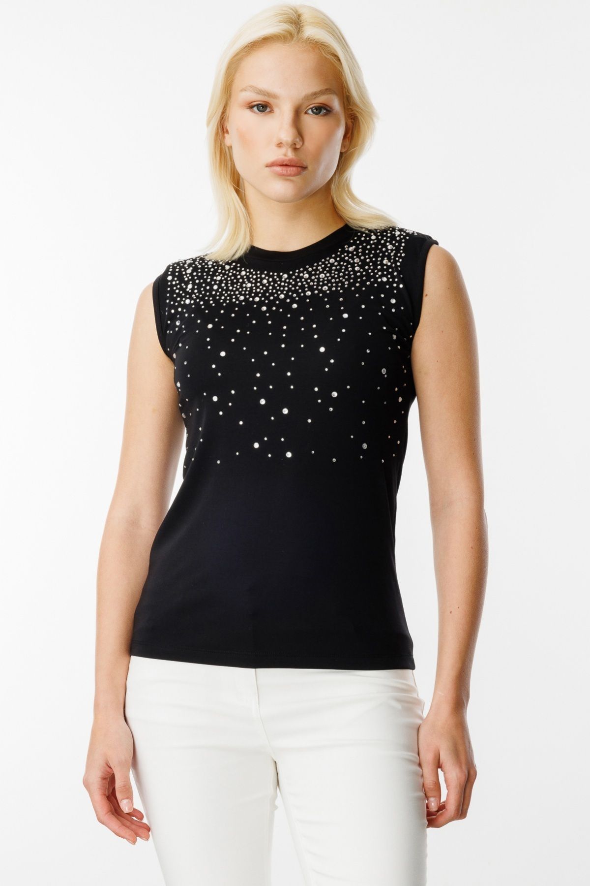 ON-51426 Text Zero Neckline Front Stone Blouse 2