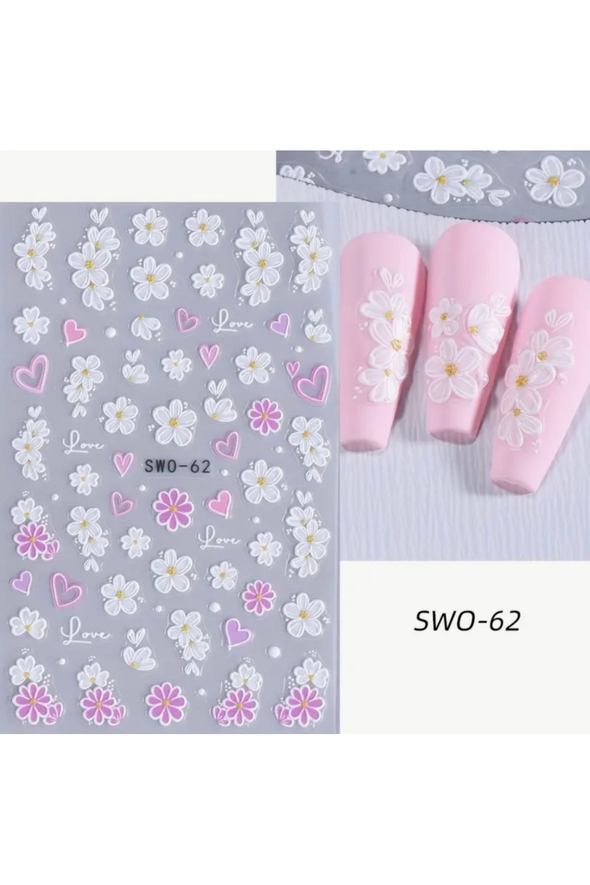 AEÇTASARIM Kabartmalı Pembe Beyaz Çiçekler Tırnak Süsleme Stickerı, Nail Art Süslemeleri