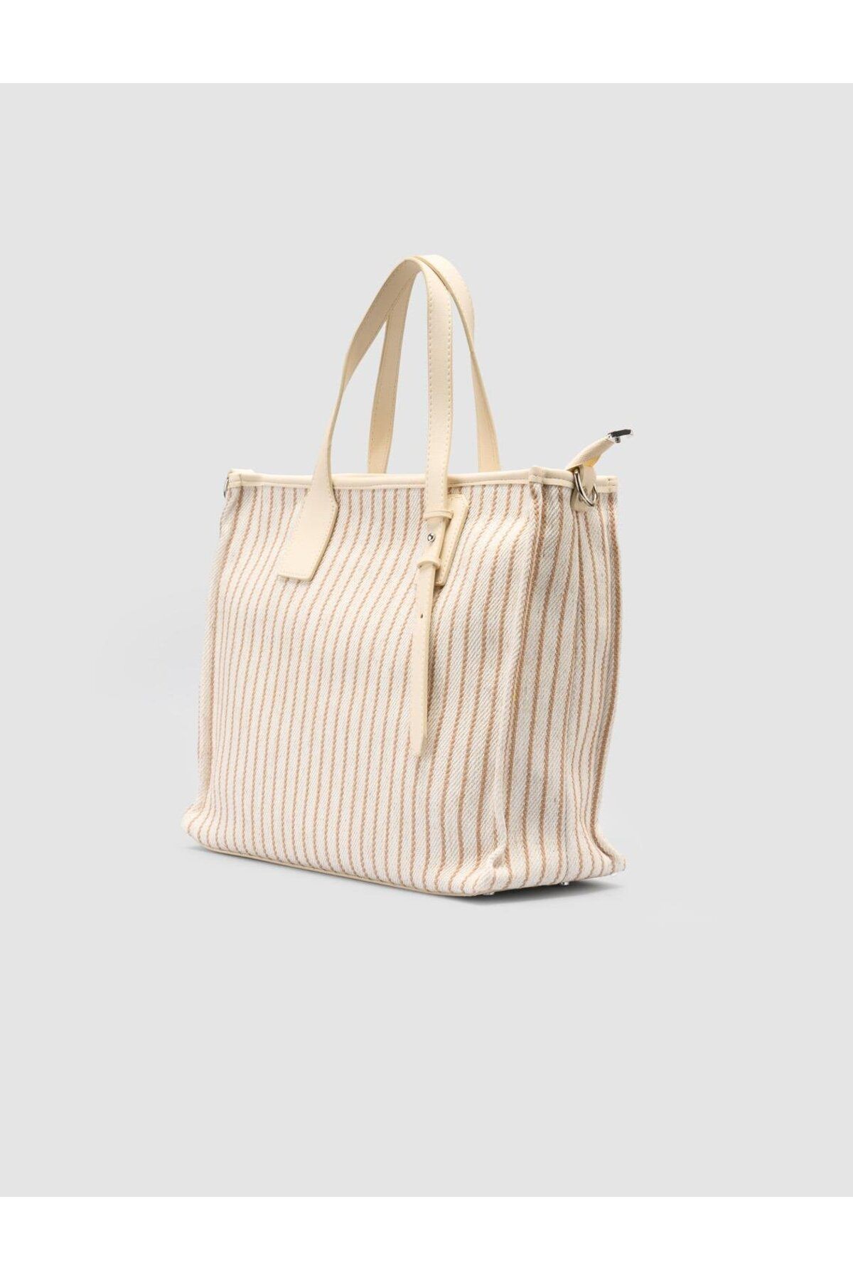 Cabani-Striped Linen Beige - Black Women's Bag 2