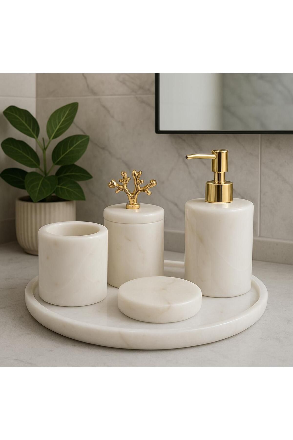 NAOSS HOME banyo takımı doğal mermer gold aksesuar detaylı 5 li banyo seti