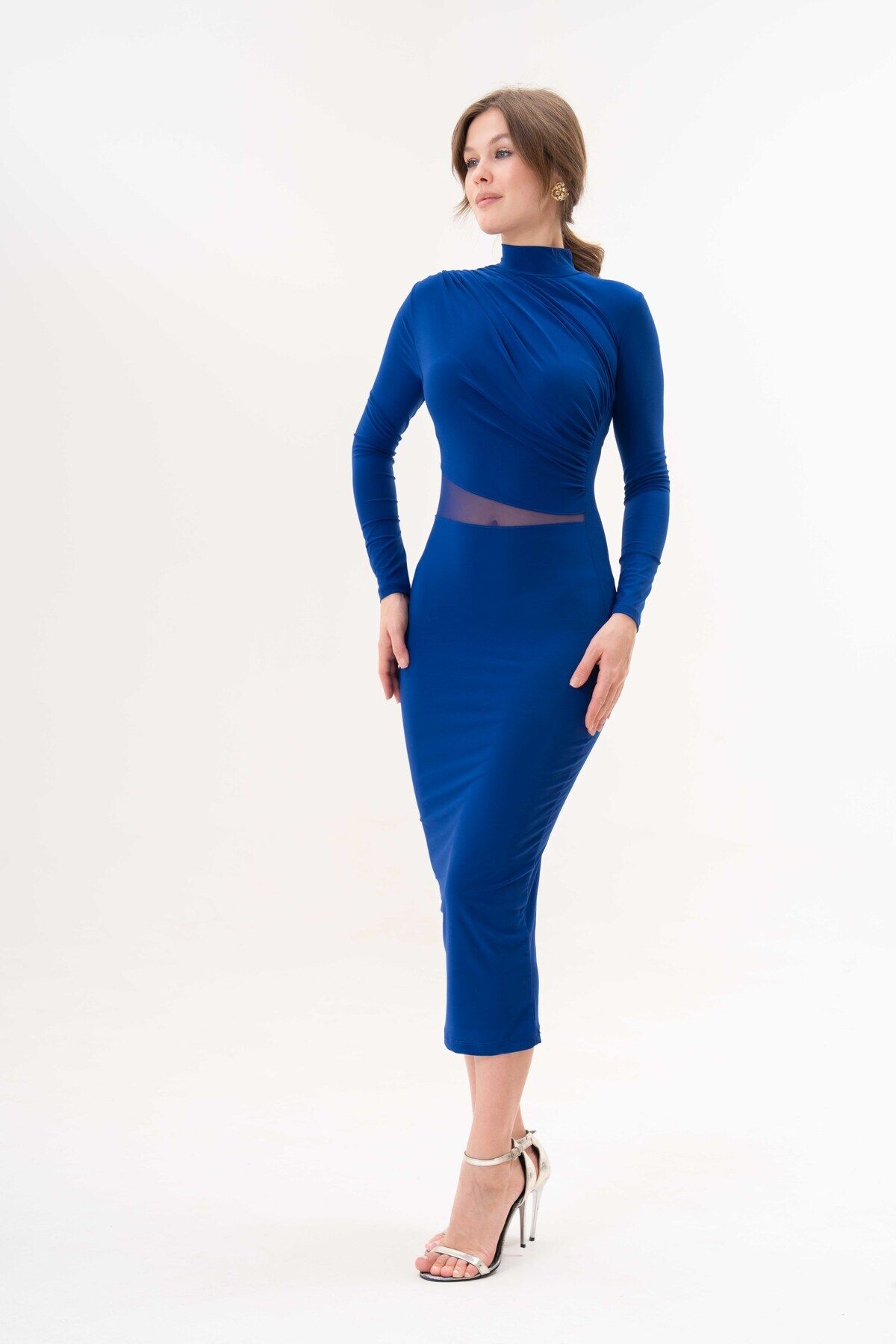 vuvutasarım-Mânecă lungă, țesătură nisipoasă flexibilă, guler înalt, rochie de seară albastră Saks, decoltată, transparentă, lungime midi 10957 5