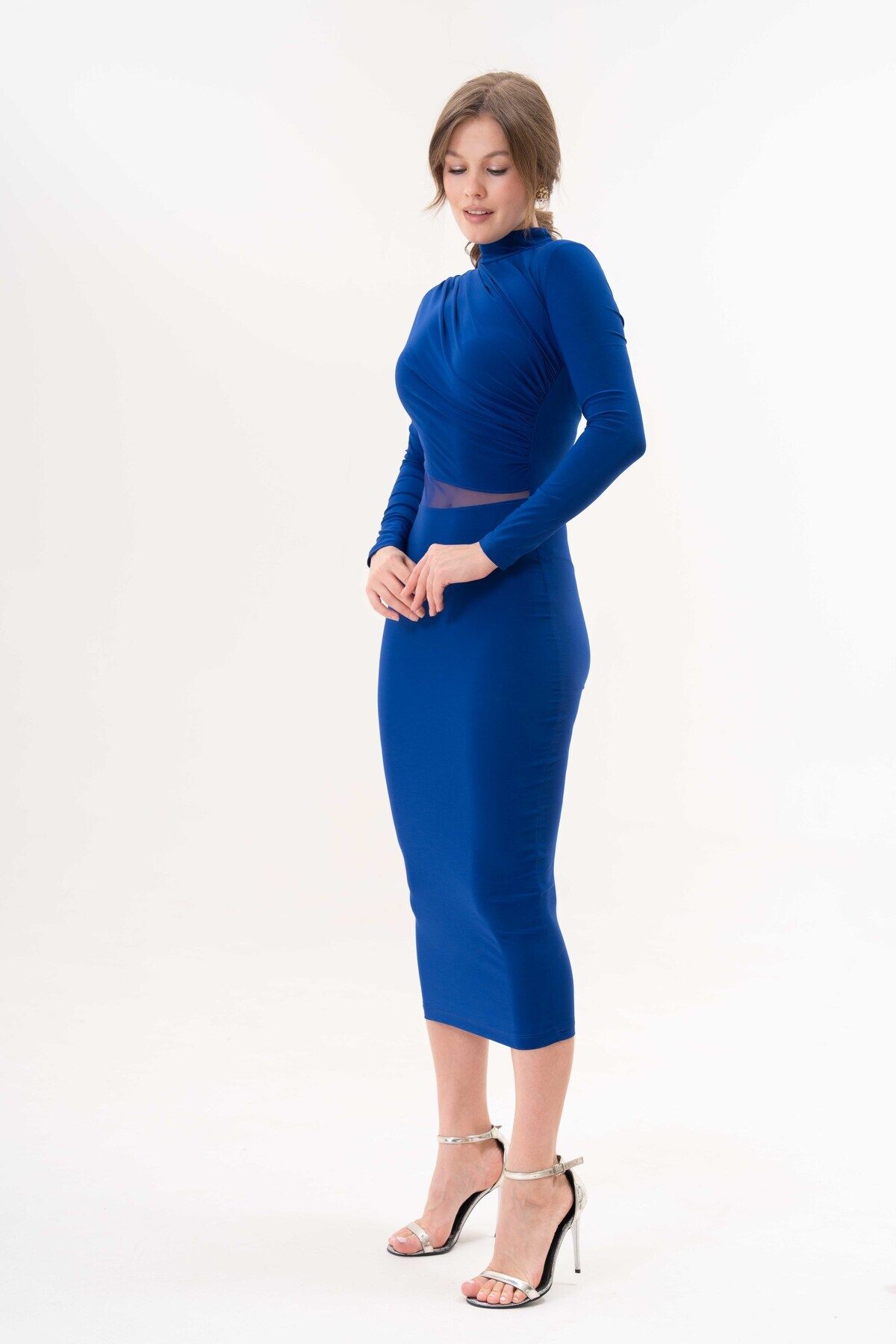 vuvutasarım-Mânecă lungă, țesătură nisipoasă flexibilă, guler înalt, rochie de seară albastră Saks, decoltată, transparentă, lungime midi 10957 7