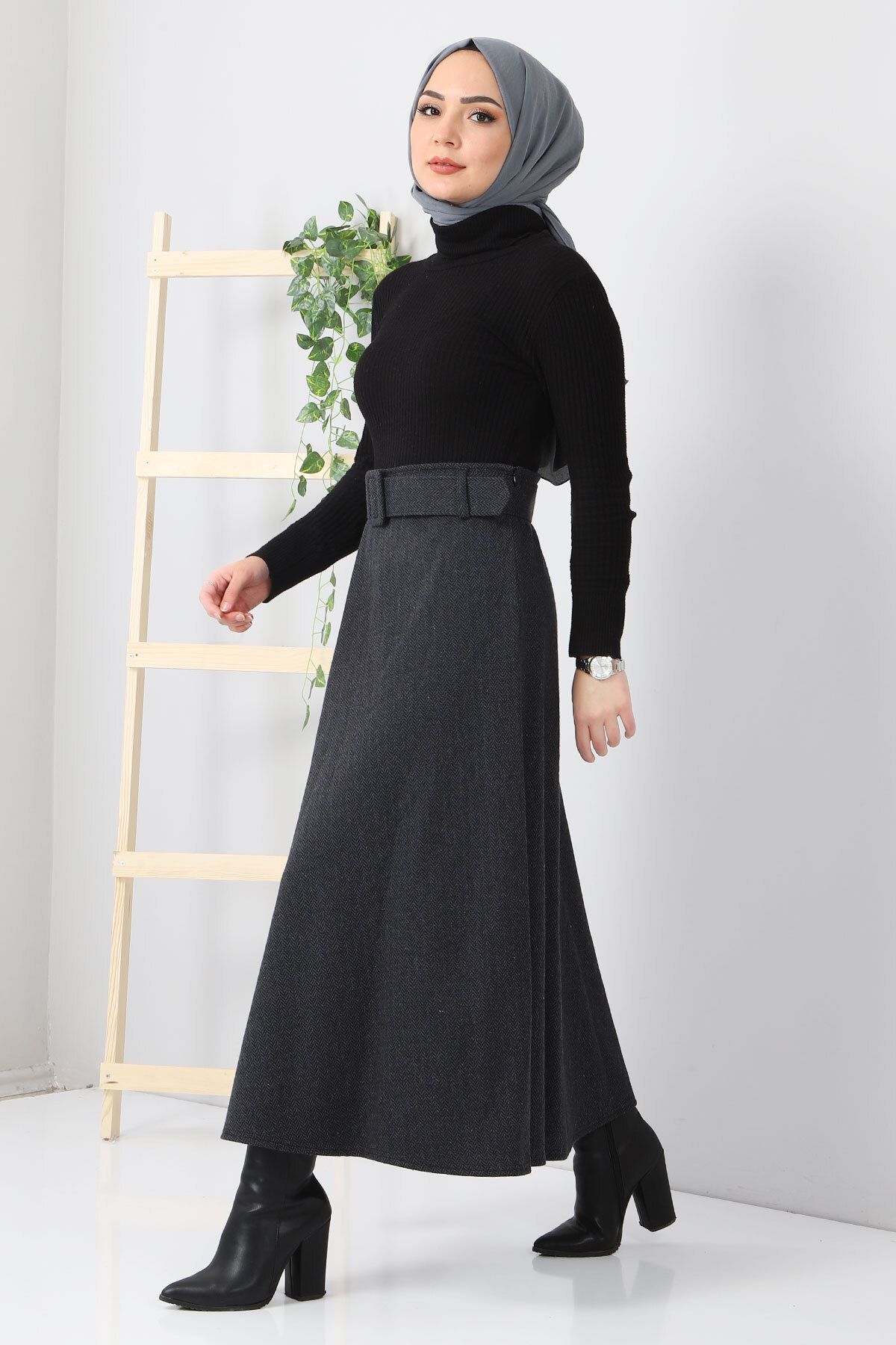 Tesettür Dünyası-Fustă Mevlana cu Motiv în Os Tsd0047 Afumat 3
