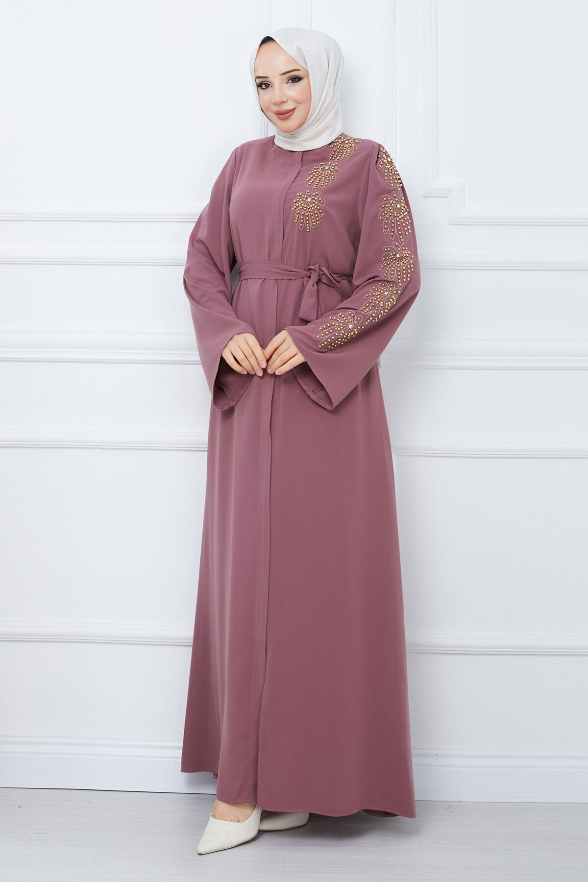 Tesettür Dünyası-Griff Perlen Bestickt Gürtel Hijab Ferace TSD240203 Getrocknete Rose 3