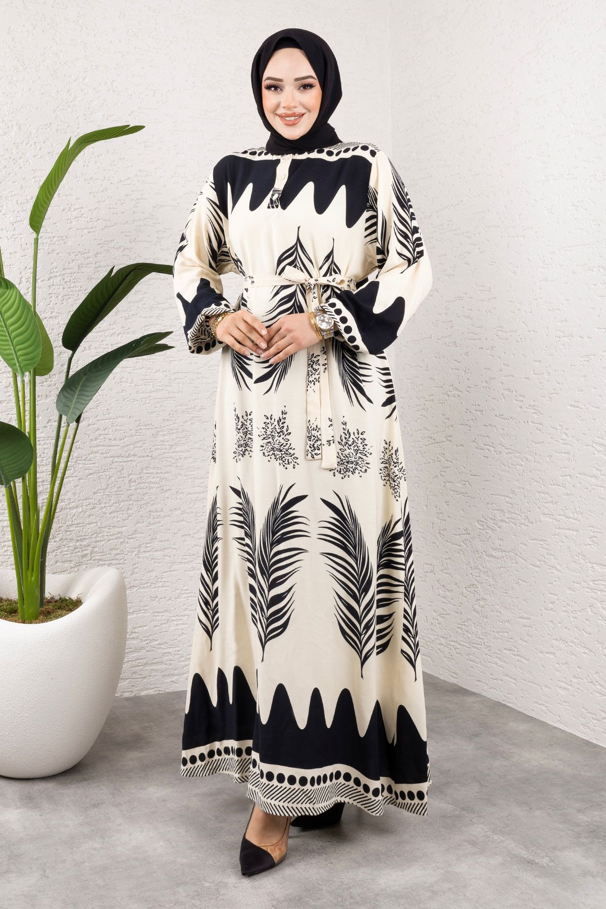Tesettür Dünyası-Φόρεμα Waterway Viscose με έθνικ σχέδιο - TSD 240955   Μαύρο 4