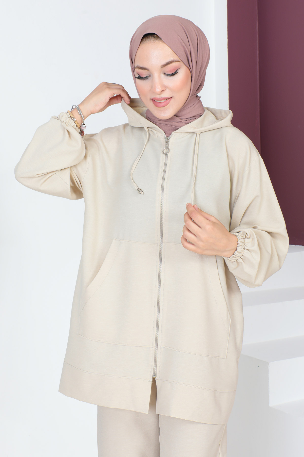 Tesettür Dünyası-Hooded Double Suit TSD230703 Beige 2