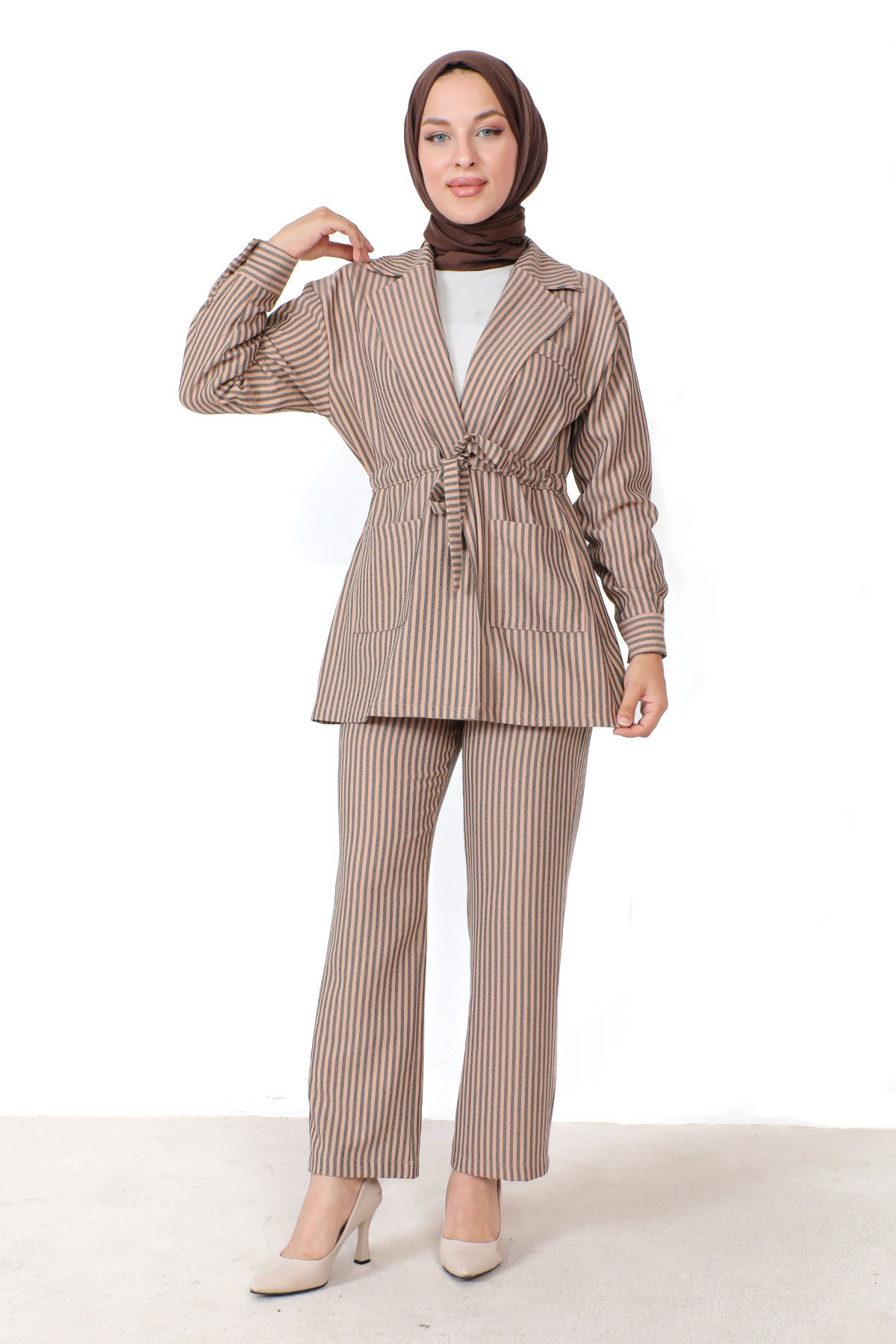 Tesettür Dünyası Striped Jacket Suit TSD230816 Tan
